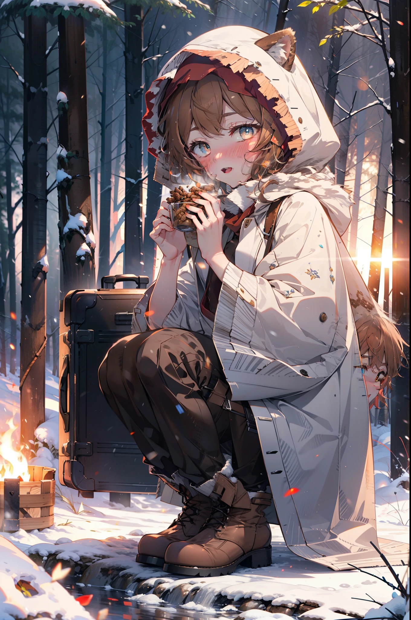 Lililukarde, Liliruka gets burned, Animal ears, (Brown eyes:1.7), Brown Hair, (Flat Chest:1.2), short hair,smile,blush,White Breath,
Open your mouth,snow,Ground bonfire, Outdoor, boots, snowing, From the side, wood, suitcase, Cape, Blurred, having meal, forest, White handbag, nature,  Squat, Mouth closed, Cape, winter, Written boundary depth, Black shoes, red Cape break looking at viewer, Upper Body, whole body, break Outdoor, forest, nature, break (masterpiece:1.2), highest quality, High resolution, unity 8k wallpaper, (shape:0.8), (Beautiful and beautiful eyes:1.6), Highly detailed face, Perfect lighting, Extremely detailed CG, (Perfect hands, Perfect Anatomy),