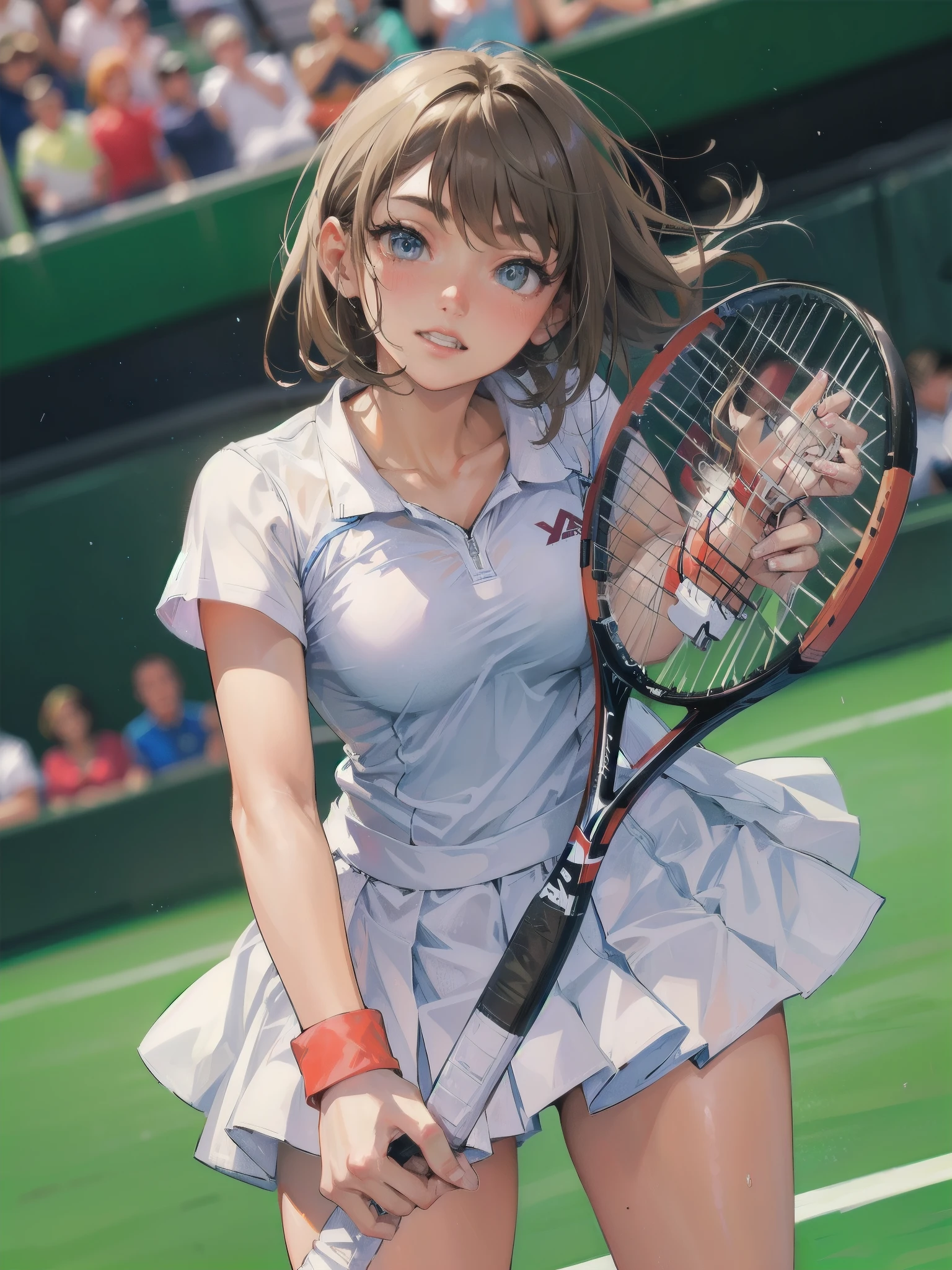 high quality,HD,16k,sharp lines,1 girl,Female tennis athlete ,cute face, large breasts, nice legs,At the tennis venue,focus girl,detailed beautiful face,detailed clothes,beautiful eyes,cool,dynamic angle