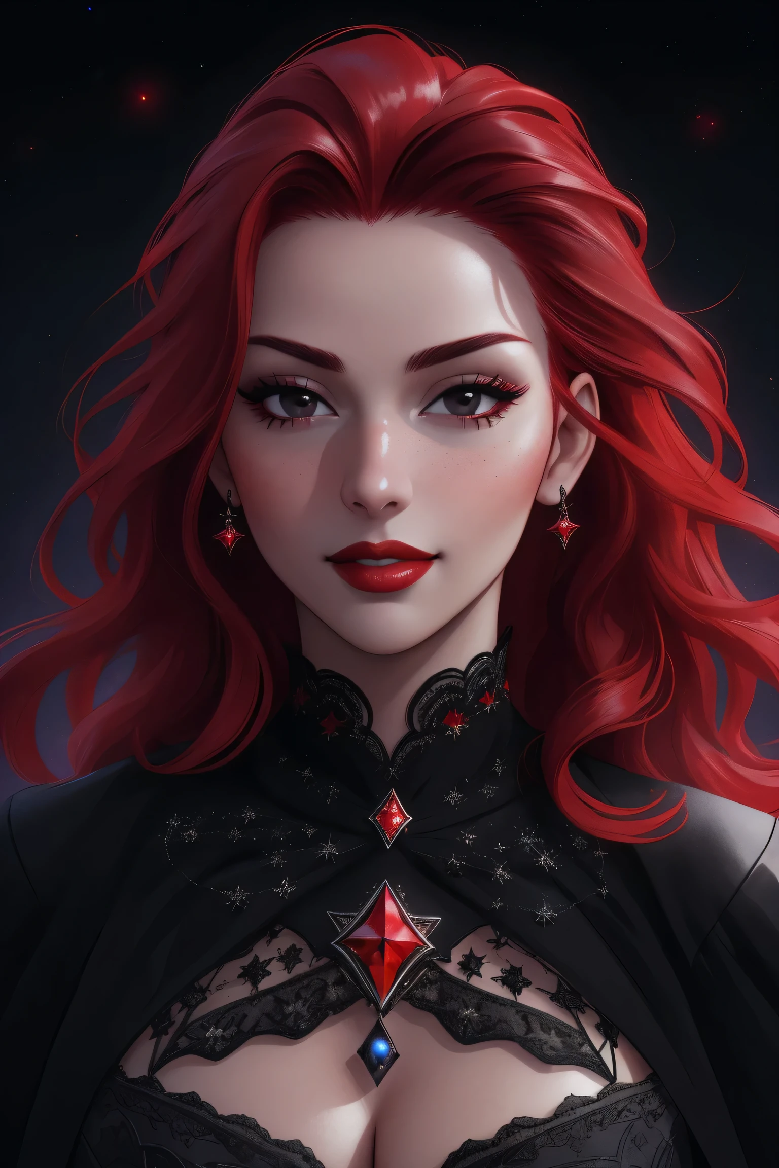 (Masterpiece - Ultra-Detailed, High Resolution) ((vivid red hair)), mature woman, 30 years old, diamond face, red starry sky background, depth of field, magic, big red lips, ((dark and black eyes)) black and red long and full dress, covered chest, mystical atmosphere, ominous shadows, Intense blue aura, Intense red aura (best quality:1.2), absurdres, intricate details, (highly detailed skin:1.2), smile expression, posing, taut and well defined body, attractive. Highly realistic, white skin, beautiful, hyperrealism, skin very elaborated, direct gaze.