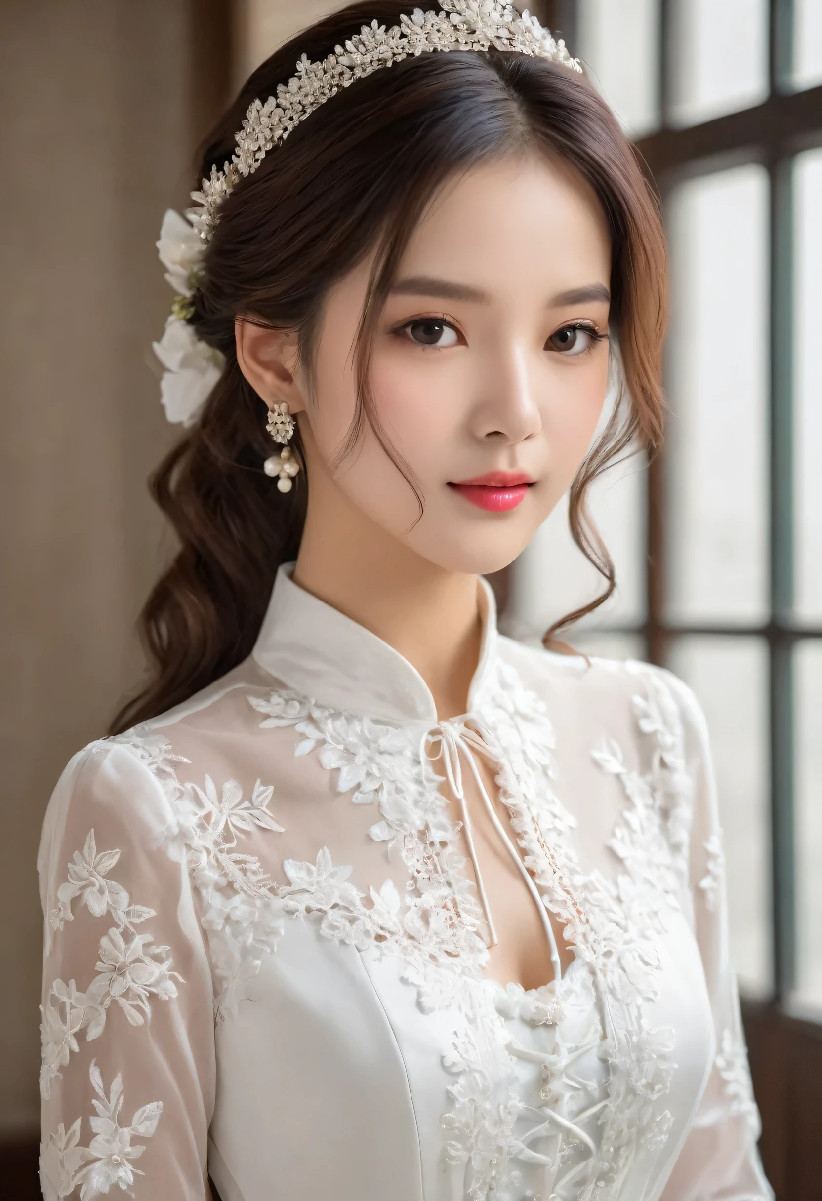 a young woman from the year 2010 wearing white laces (masterpiece, top quality, best quality, official art, beautiful and aesthetic:1.2), 1 girl,
