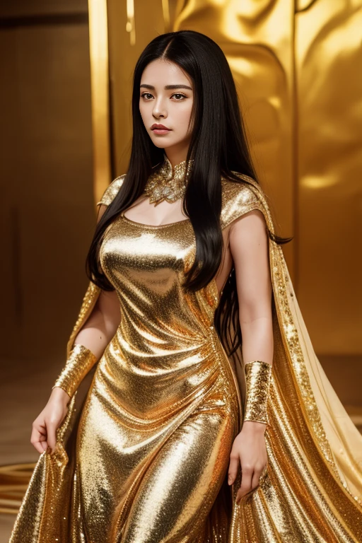 black hair, Surrealism, 8k, super detail, UHD, masterpiece, ccurate, anatomically correct, textured skin, super detail, high details, high quality, best quality, 8k，Beautiful woman，(golden dress:1.5)，Glittering costumes，Princess，western castle