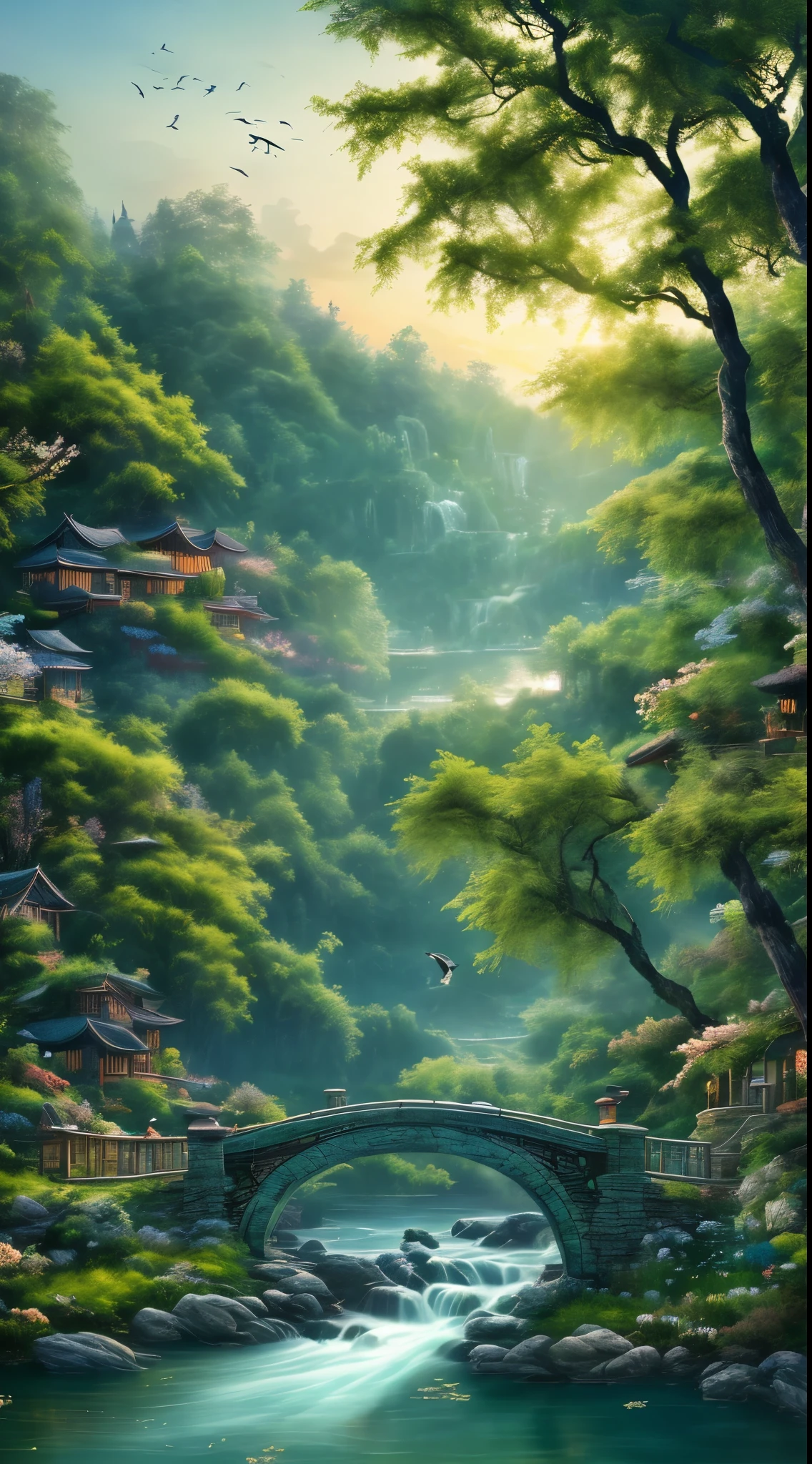 At dusk, Green tree々, Willows are flying, Surrounded by the blue sea, Small bridge and flowing water, Antique Colors, Floral fragrance, Warm as jade, Birds singing and flowers, Watertown Painting, slowly, Actual photo shoot, 16K resolution