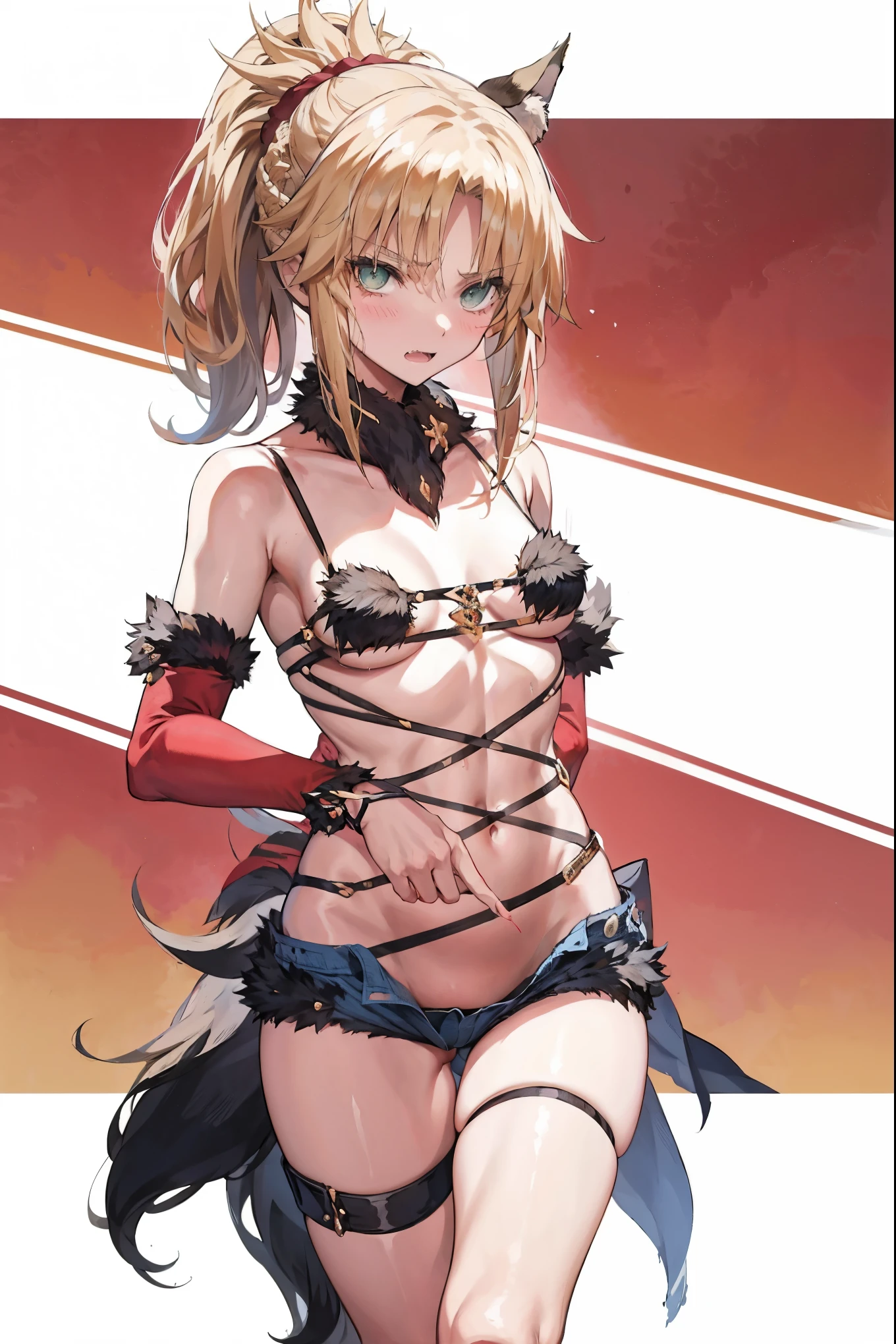 Masterpiece, Best Quality, illustration, city street, 1girl, Mordred \(fate\), cowboy shot, collarbone, Detailed blond hair ponytail braid, green eyes,, denim shorts,navel,thigh-high, covered_pussy,skiny,long_sword,apart_legs,dangerousbeast,elbow_gloves,
,wolf_tail,wolf_ears,fang,happy,shy,spread_legs,