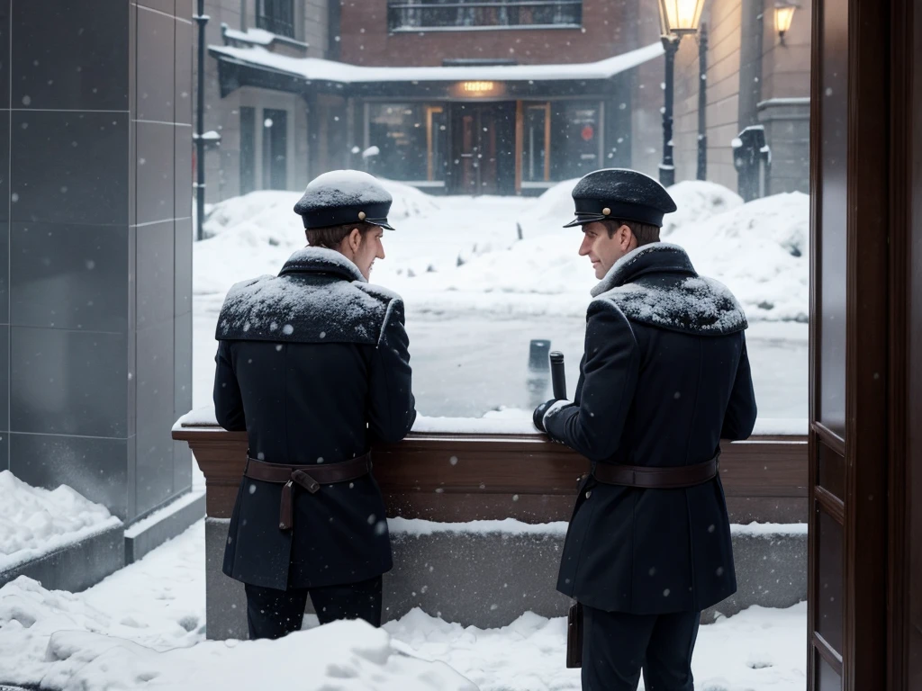 Deux détective hommes dos à dos une bank derrière avec de la neige et une ambiance sombre 