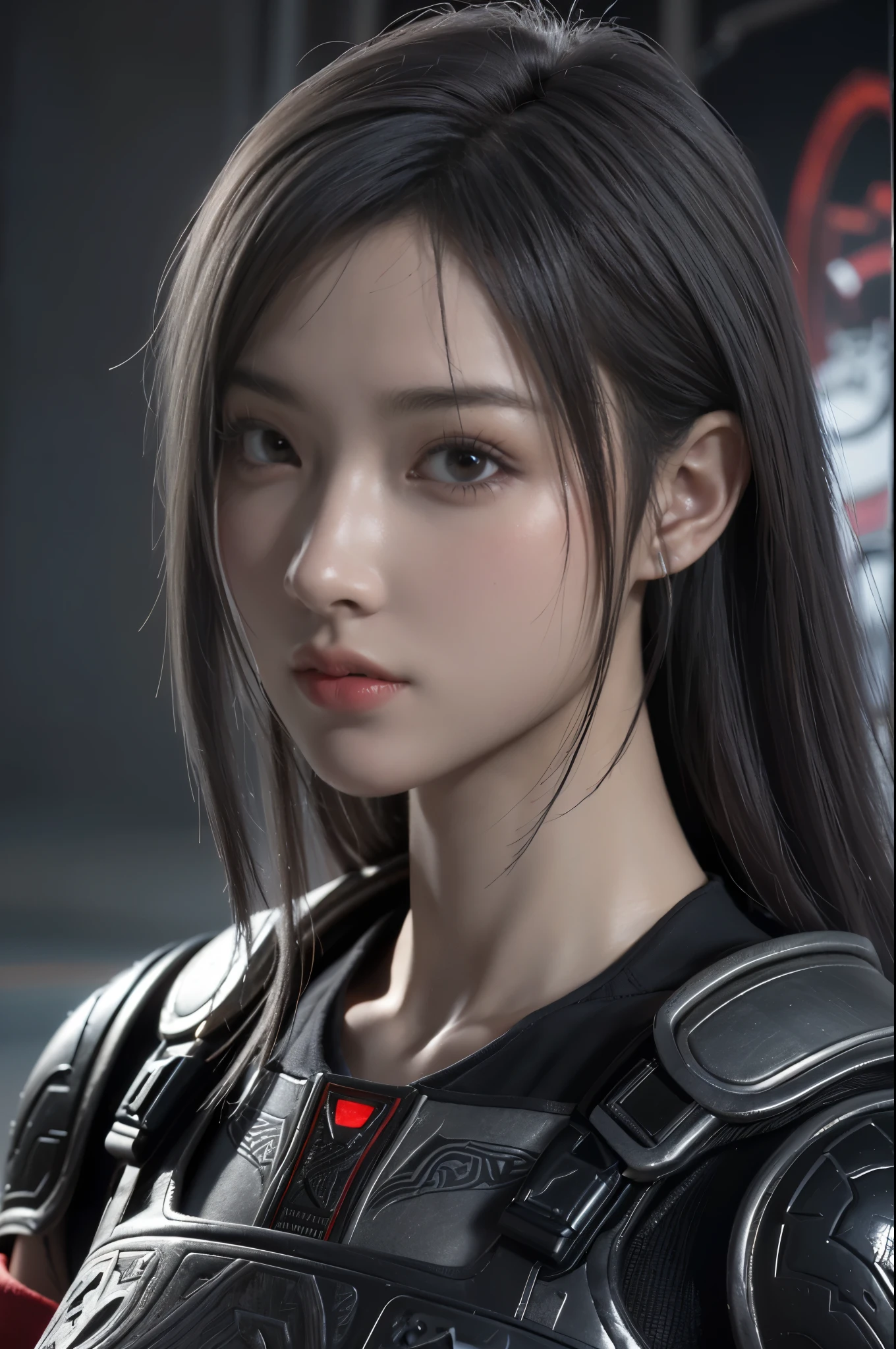 masterpiece,Game Art,Best picture quality,Maximum resolution,8k,(portrait),Unreal Engine 5 rendering works,(Digital Photography),((portrait Feature:1.5)), 20 year old girl,Short hair details,Long bangs,(The red eye makeup is carefully applied),(With long gray hair:1.4),(Large target, plump breasts),Elegance and nobility,Brave and charming, (The future armor combines the characteristics of Chinese armor,hollow-carved design,Power Armor,Mysterious oriental runes,Exquisite clothing patterns,Magic Flash),Future Warrior,Cyberpunk Characters,War Background, light,Ray Tracing,Game CG,((3D Unreal Engine)),OC rendering reflection mode