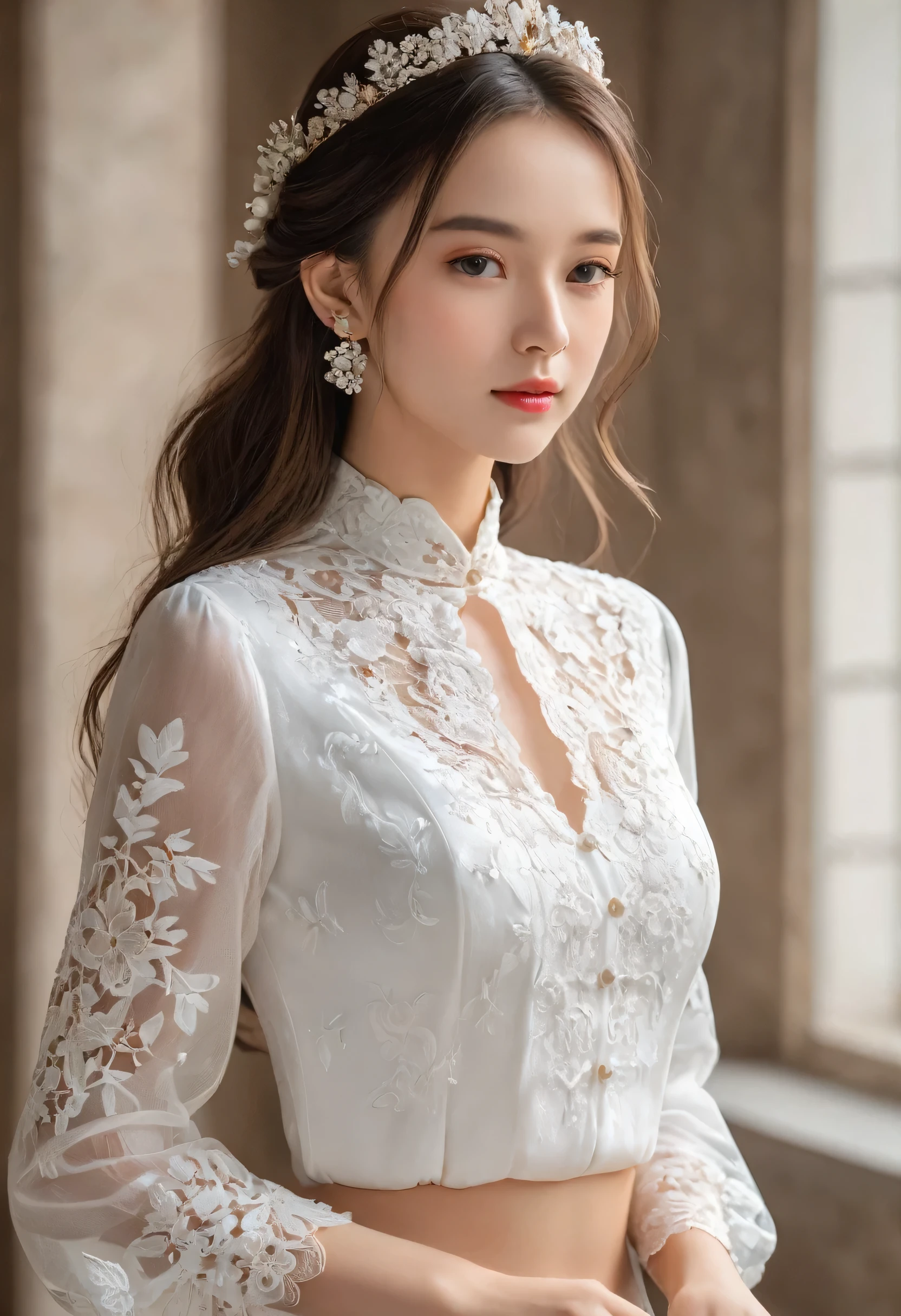 a young woman from the year 2020 wearing white laces (masterpiece, top quality, best quality, official art, beautiful and aesthetic:1.2), 1 girl,
