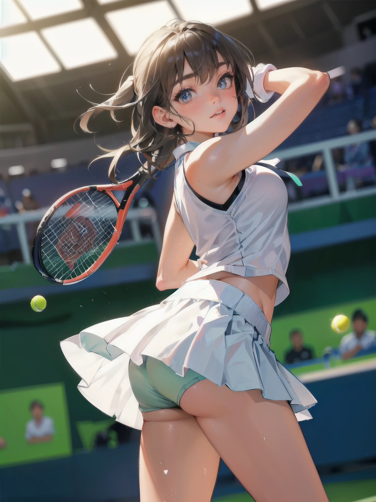 high quality,HD,16k,sharp lines,1 girl,Female tennis athlete ,cute face, large breasts, nice legs,At the tennis venue,focus girl,detailed beautiful face,detailed clothes,beautiful eyes,cool,dynamic angle