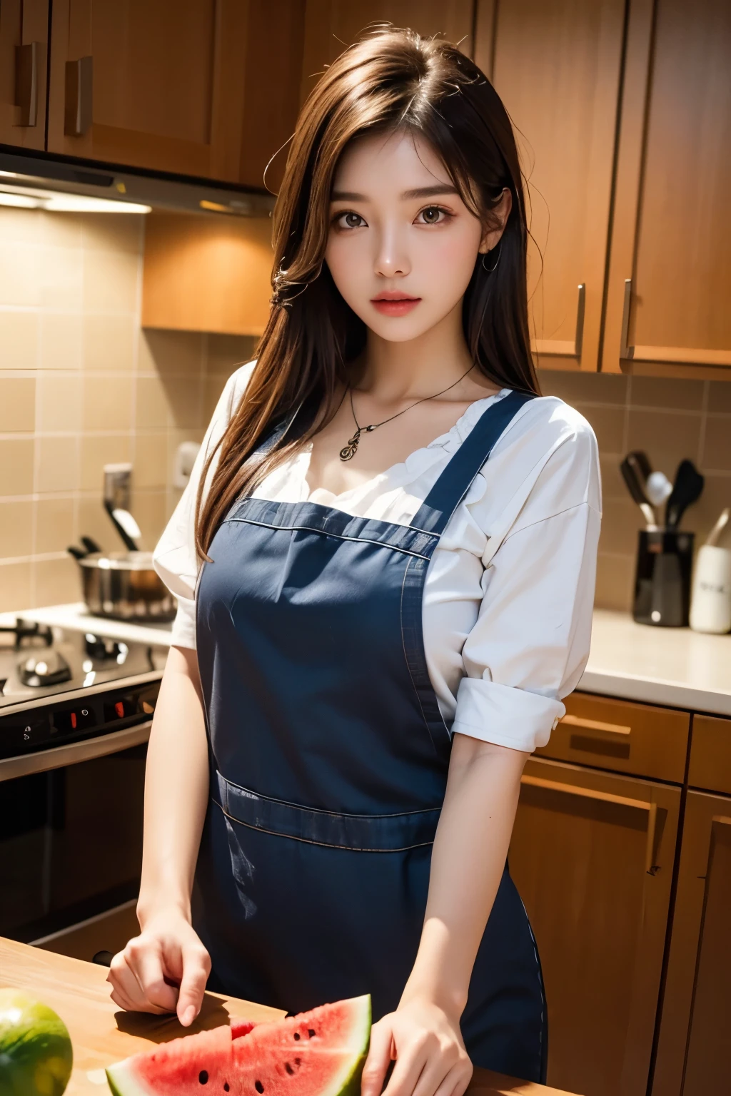 Background and model as is, (best quality, 8K, masterpiece: 1.3), Beautiful woman with perfect body: 1.2, dark brown hair, wearing a pendant, wearing an apron, in the kitchen, Highly detailed face and skin, detailed eyes, double eyelid, cut watermelon, magazine pose,