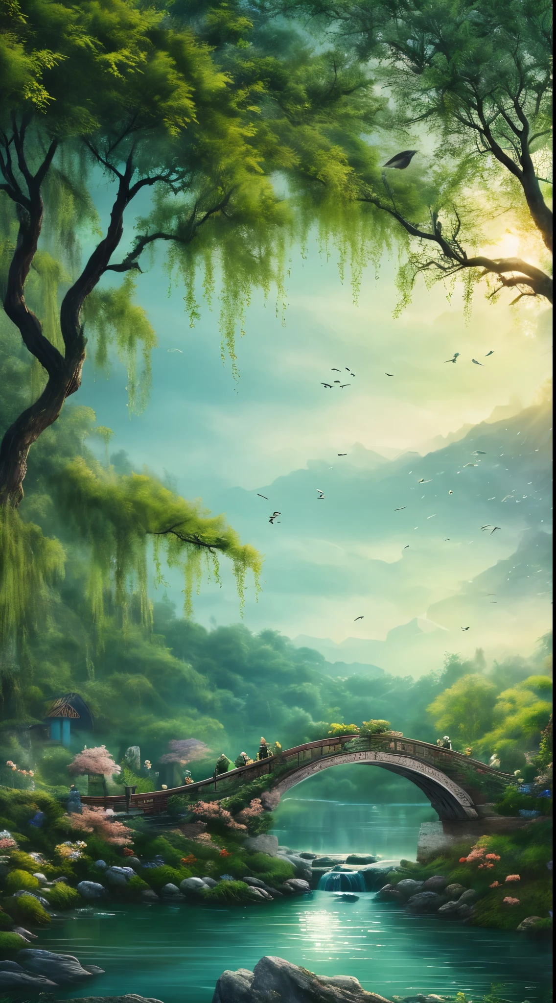 At dusk, Green tree々, Willows are flying, Surrounded by the blue sea, Small bridge and flowing water, Antique Colors, Floral fragrance, Warm as jade, Birds singing and flowers, Watertown Painting, slowly, Actual photo shoot, 16K resolution