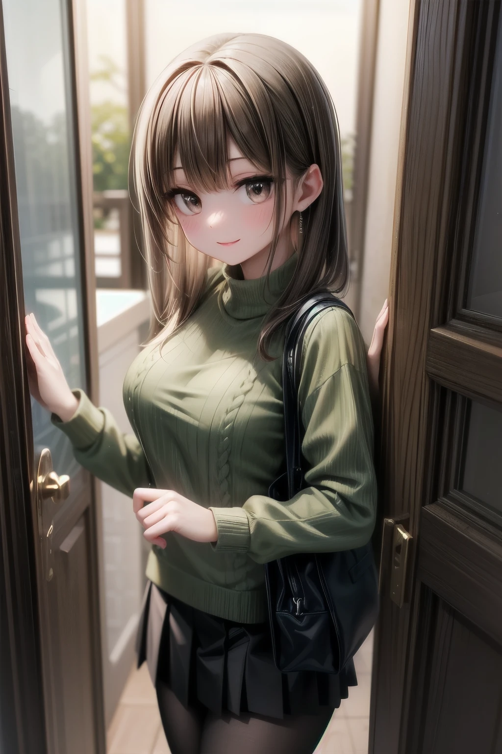 very cute and beautiful girl,(highly detailed beautiful face),
(smile),happy,embarrassed,looking at viewer,
(green sweater:1.13),cowboy shot,pleated black mini skirt,
standing in house door,town view,holding tote bag,black hair,
(best quality,masterpiece),absurdres,highres,ultra-detailed,extremely detailed,32k,8k resolution,
intricate details,cinematic scene,detailed background,solo,dynamic angle,aesthetic darkbrown eyes,