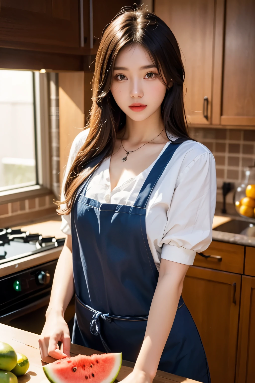 Background and model as is, (best quality, 8K, masterpiece: 1.3), Beautiful woman with perfect body: 1.2, dark brown hair, wearing a pendant, wearing an apron, in the kitchen, Highly detailed face and skin, detailed eyes, double eyelid, cut watermelon, magazine pose, 