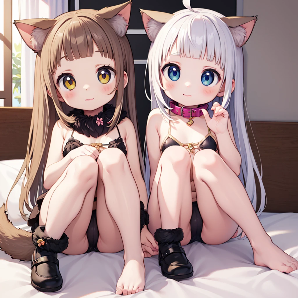 (best quality, masterpiece, uncensored, high quality, ultra detailed, extremely detailed CG, beautiful face, beautiful eyes, beautiful hair), solo, 1girl, face, (((:1.3))), (((((child))))), she, Brown short hair, Short Bangs, ahoge, heterochromia, small breasts, side-tie bikini bottom, collar, girl, Living together, (((Cat tail))), (((Cat ear))), happy, all fours, on the bed, (extremely awesome detailed pretty face, extremely awesome detailed eyes, extremely awesome detailed shiny hair:1.2), extremely awesome detailed dynamic lighting, extremely awesome detailed caustic, extremely awesome detailed deep shadows,(best quality, highres, absurdres, extremely awesome detailed CG unity 8K HDR wallpaper, perfect anatomy:1.1),(extremely awesome detailed realistic, extremely awesome detailed 3d:1.0)