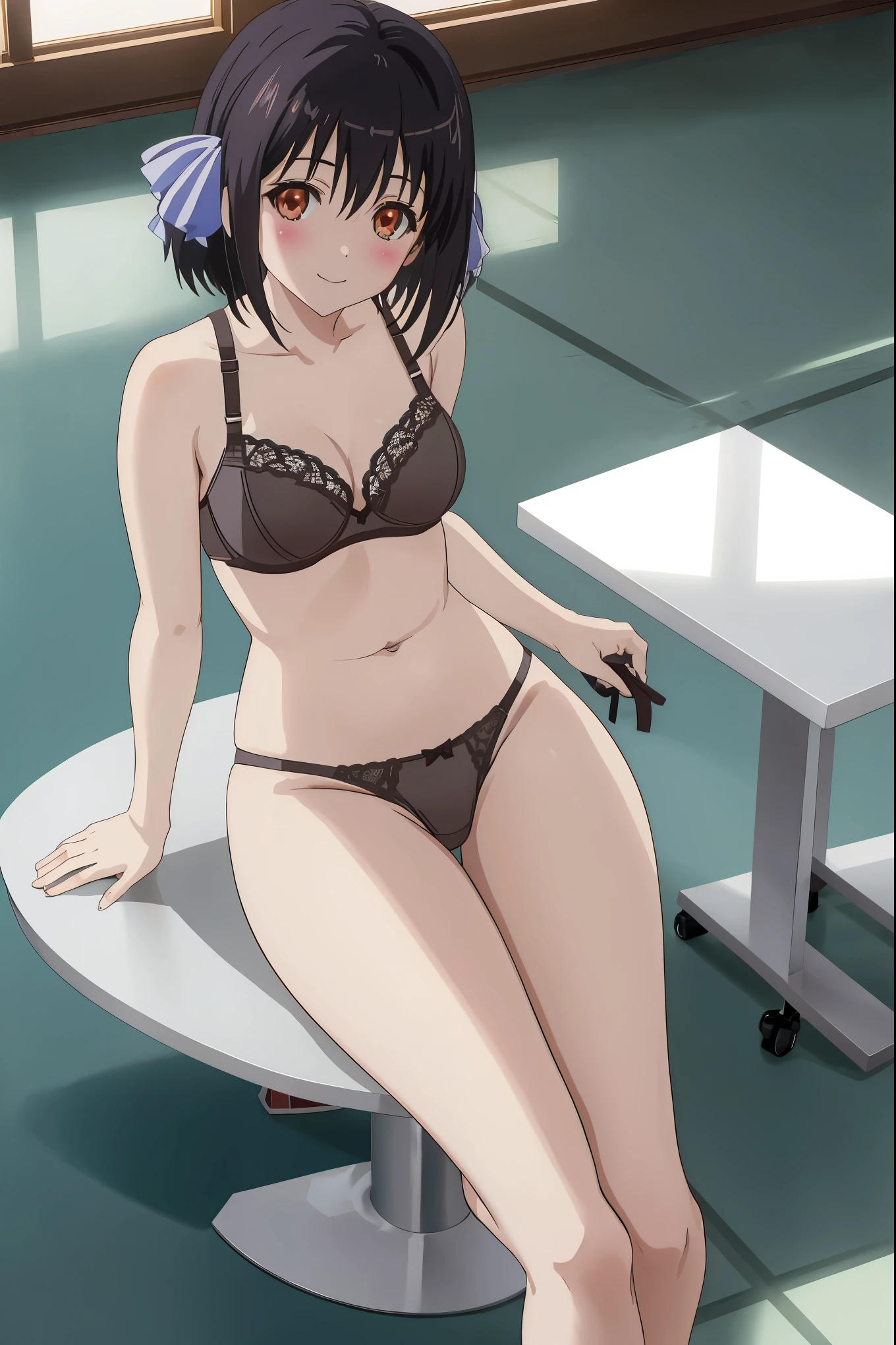 [anime styled]],[[digitalart]],1girl,solo,(portrait),from above,Tomomi_saikyou,black hair,Short hair,bob cut,hair ribbon,midium build,1girl in,short torso,anime screen cap,cel shading,smile, blush,(strong light),((brighten the subject)),classroom,(sitting),(chair),nude,((bra)),((panties)),(lingerie)