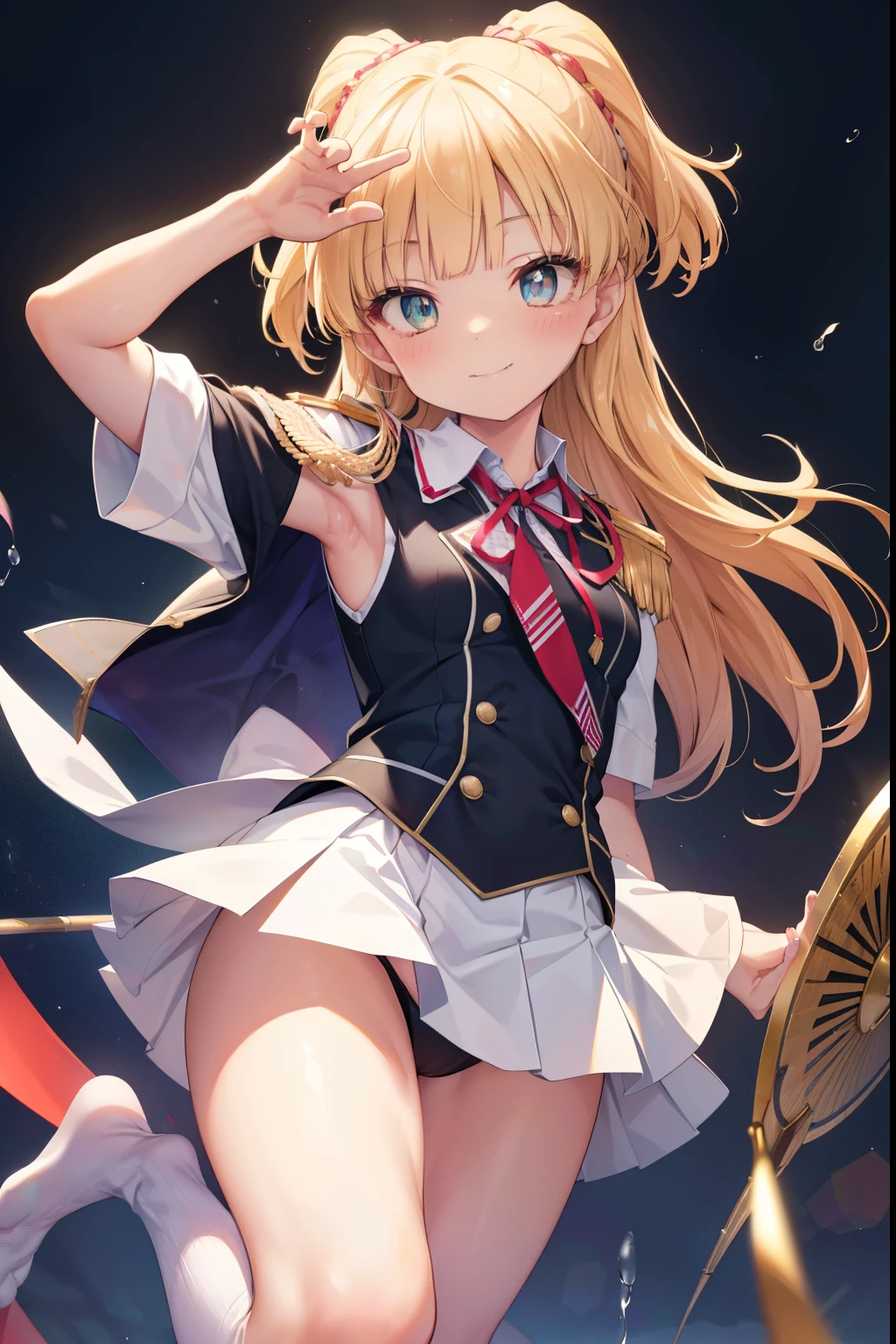 Rika Jogasaki、blush,smile,、In uniform、Wearing a cute uniform、Primary school students、The back is very small、ta、Small breasts、Showing armpits、exterior: 14 yulder Bare、The clavicle is visible、Sexy thighs、Beautiful feet、Usual hairstyle、Show me your armpits:1.2), highest quality, High resolution, unity 8k wallpaper, (shape:0.8), (Beautiful and beautiful eyes:1.6), Highly detailed face, Perfect lighting, Extremely detailed CG, (Perfect hands, Perfect Anatomy),