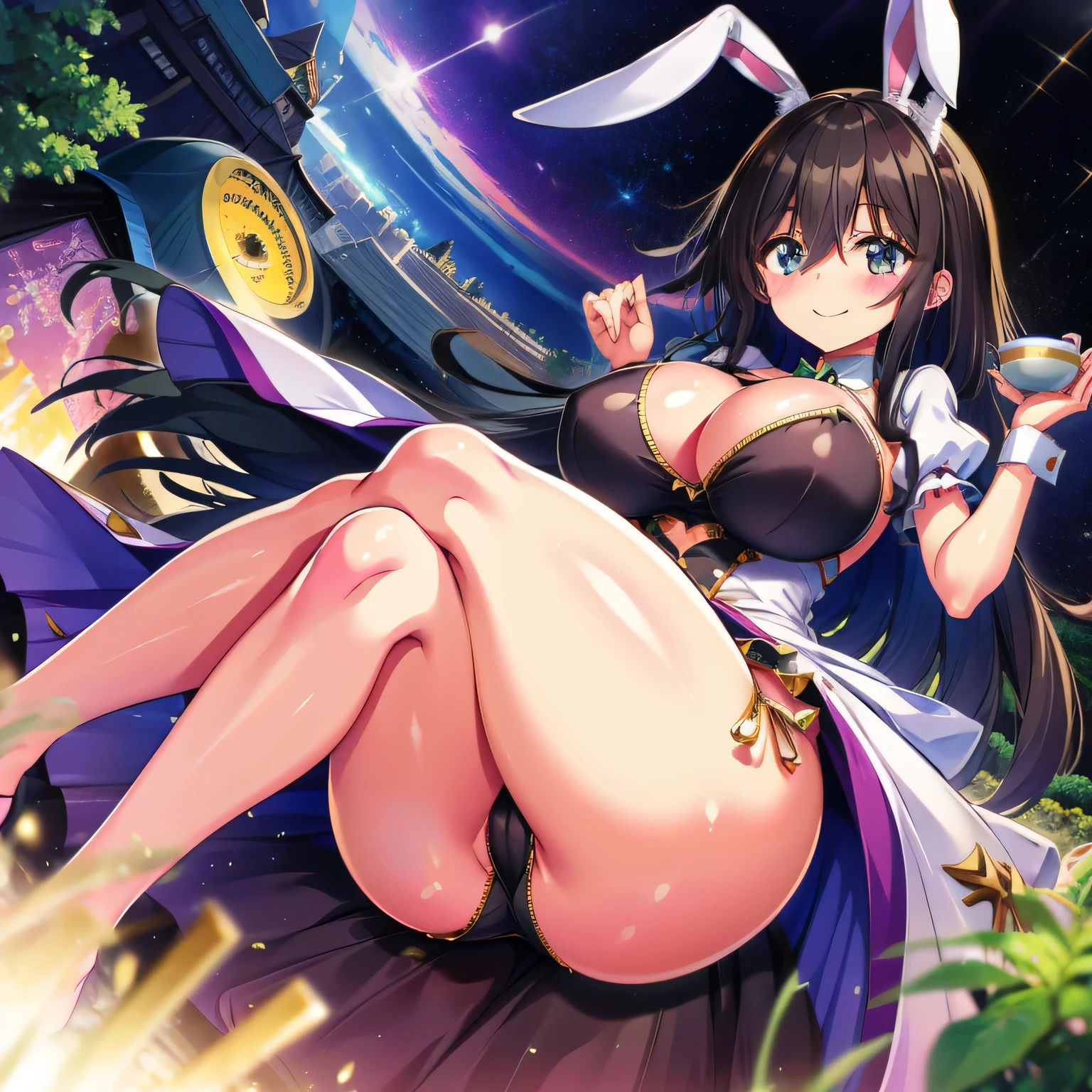 Anime illustration、highest quality、Fairy tale、Fantasy、Alice in Wonderland、plump female traveler、Bunny ears、Luxurious tea party、English Garden、Long machine、Thick legs、Beautiful, shining eyes、smile、Noise Reduction