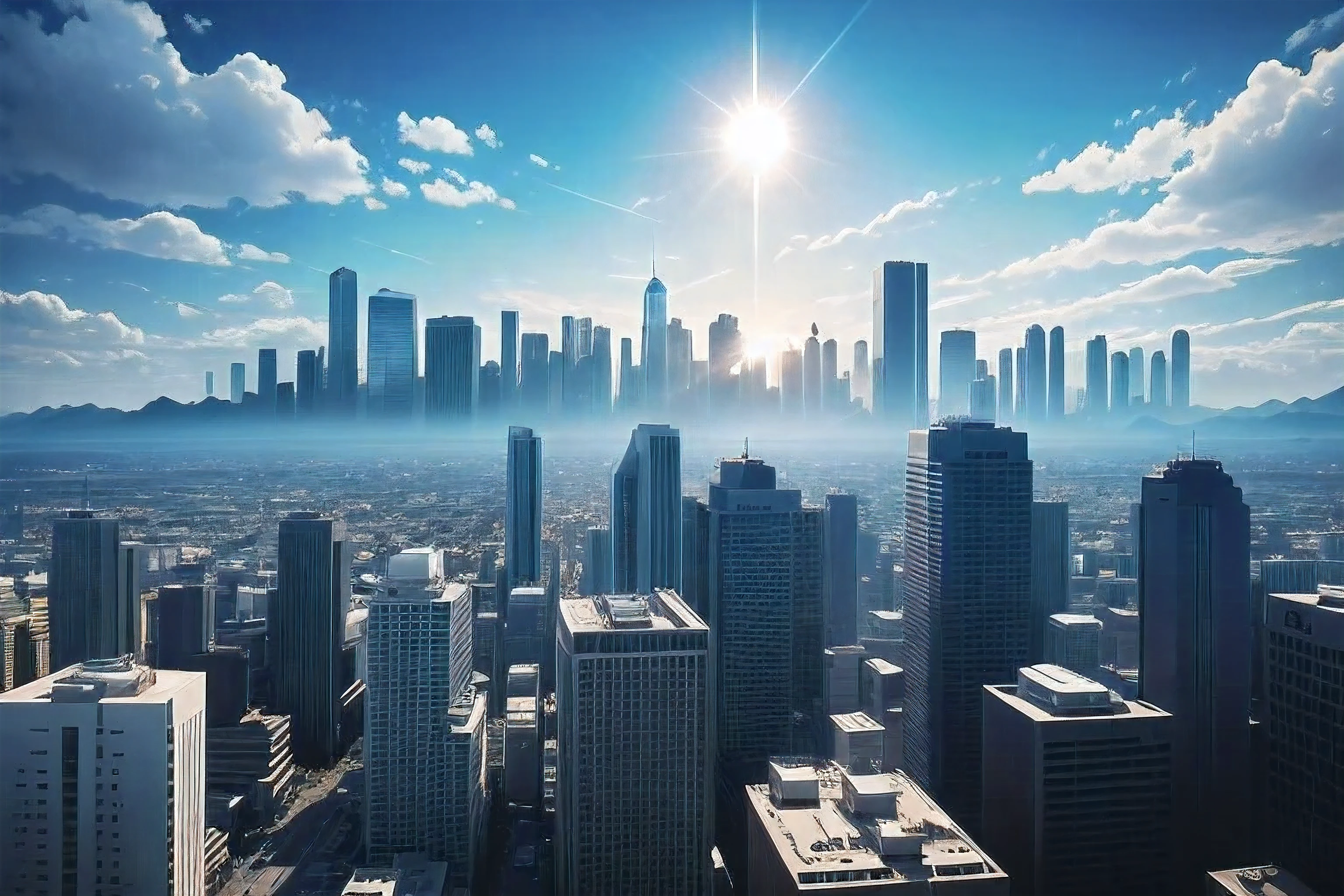 4K Real Image、Beautiful blue sky without clouds、Flat silhouette of buildings with greenery visible、A dark silhouette against the backlight