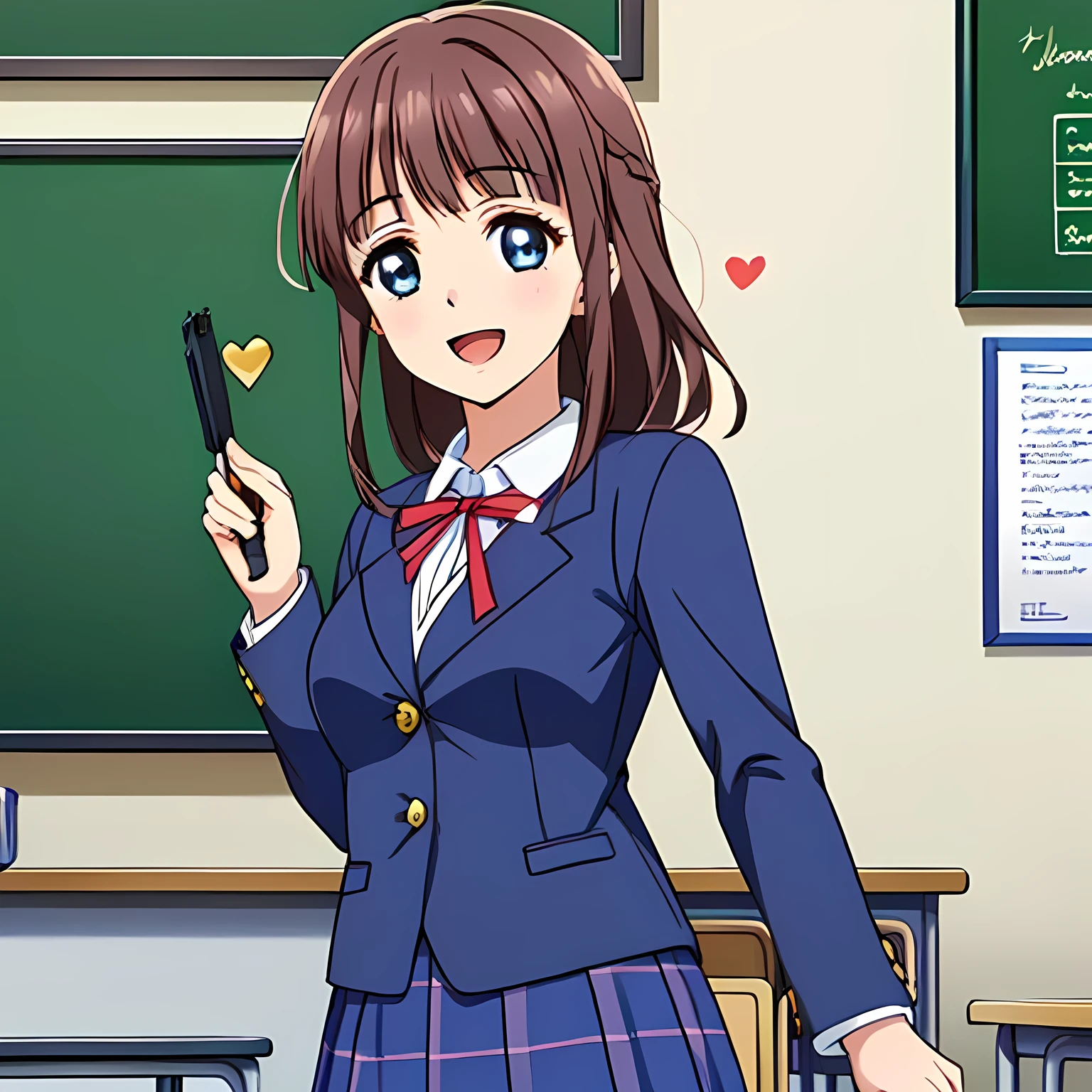 highest quality, (masterpiece:1.2), Very detailed, Game CG, (((Very beautiful girl in school uniform1A fashion model is drawing a heart symbol on a blackboard while looking at the board))), ((The girl everyone loves)), (((Brown and very shiny short bob hair))), (((Navy blue blazer))), ((Dark navy blue checked long skirt)), ((((Very beautiful and shining eyes)))), ((Very long eyelashes)), A large crimson ribbon on the chest, ((An elegant expression like a noble princess)), (((A beautiful and enchanting smile))), Small face and great posture, ((Heavenly happiness)), (((The background is a school classroom with the wind blowing))), ((Very intelligent face)), ((Anime heroine smiling and open mouth)), ((Shooting from the side))