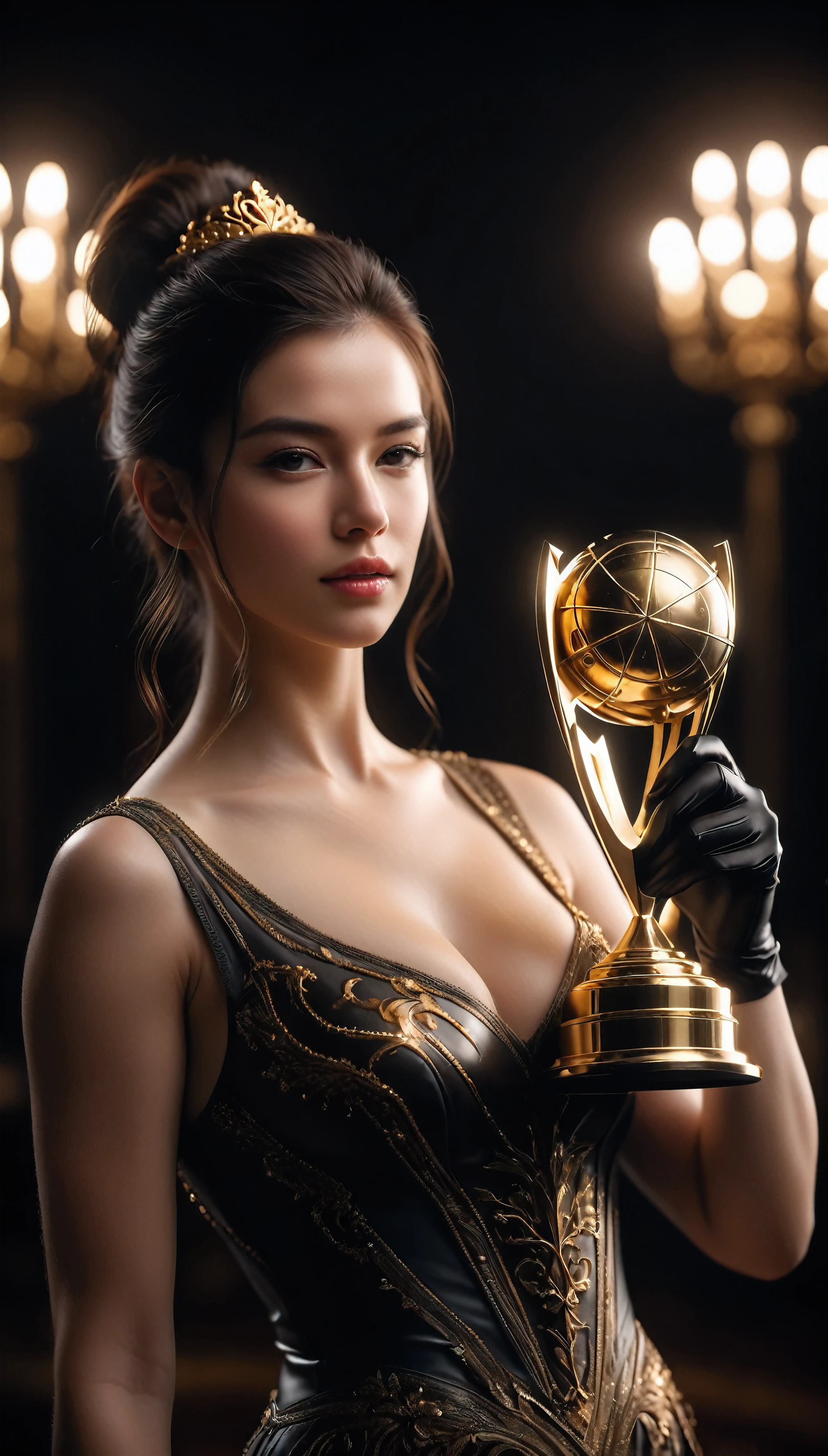 ((Masterpiece in maximum 16K resolution):1.6),((soft_color_photograpy:)1.5), ((Ultra-Detailed):1.4),((Movie-like still images and dynamic angles):1.3). | (cinematic photo of beautiful female with large gold trophy), (large gold trophy), (beautiful female with fancy hand gloves), (focus on the gold trophy), (cinematic lens), (exotic trophy), (luminous object), (majestic atmosphere), (shimmer), (aesthetic background), (visual experience),(Realism), (Realistic),award-winning graphics, dark shot, film grain, extremely detailed, Digital Art, rtx, Unreal Engine, scene concept anti glare effect, All captured with sharp focus. | Rendered in ultra-high definition with UHD and retina quality, this masterpiece ensures anatomical correctness and textured skin with super detail. With a focus on high quality and accuracy, this award-winning portrayal captures every nuance in stunning 16k resolution, immersing viewers in its lifelike depiction. | ((perfect_composition, perfect_design, perfect_layout, perfect_detail, ultra_detailed)), ((enhance_all, fix_everything)), More Detail, Enhance.