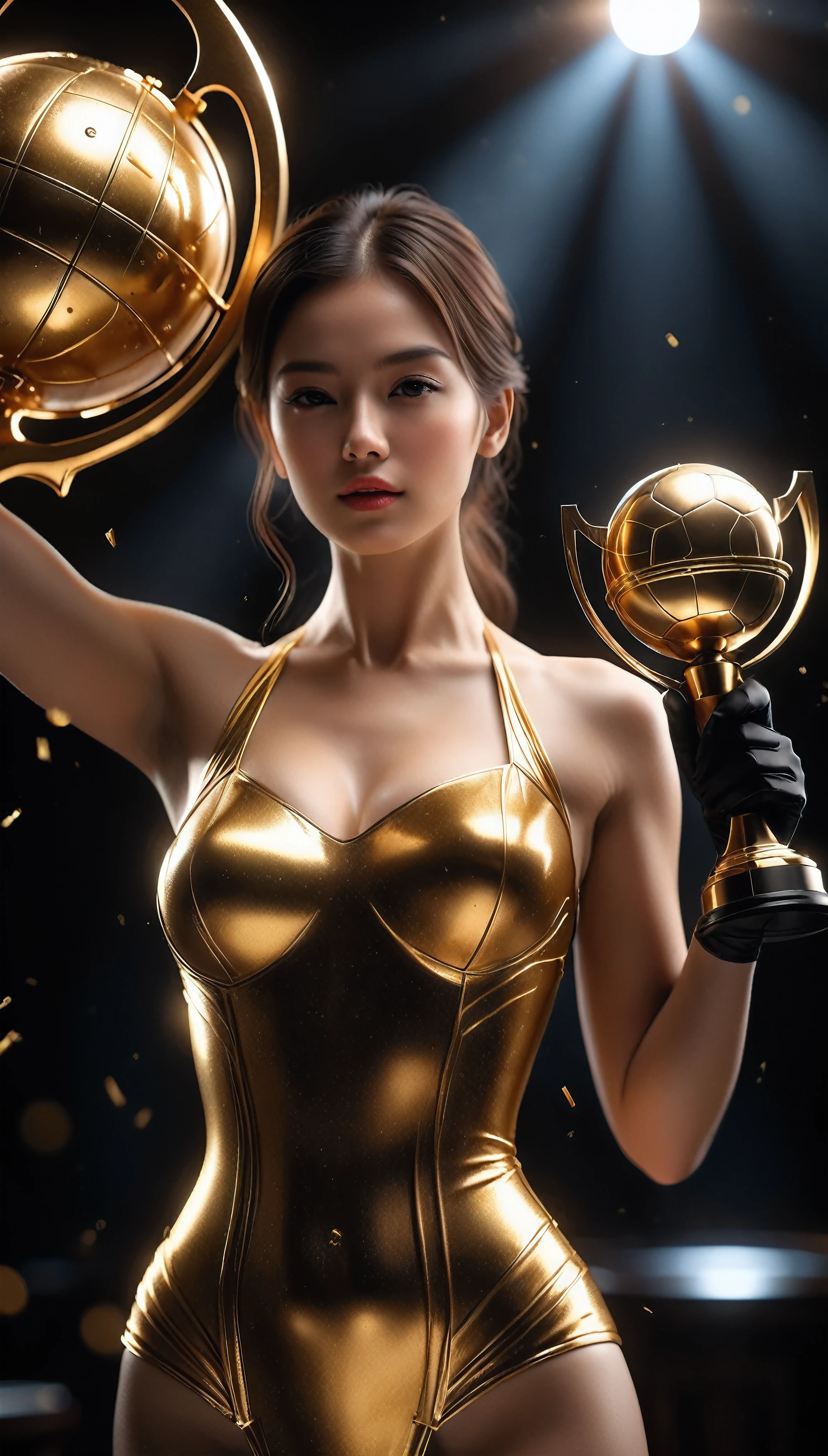 ((Masterpiece in maximum 16K resolution):1.6),((soft_color_photograpy:)1.5), ((Ultra-Detailed):1.4),((Movie-like still images and dynamic angles):1.3). | (cinematic photo of beautiful female with large gold trophy), (large gold trophy), (beautiful female with fancy hand gloves), (focus on the gold trophy), (cinematic lens), (exotic trophy), (luminous object), (majestic atmosphere), (shimmer), (aesthetic background), (visual experience),(Realism), (Realistic),award-winning graphics, dark shot, film grain, extremely detailed, Digital Art, rtx, Unreal Engine, scene concept anti glare effect, All captured with sharp focus. | Rendered in ultra-high definition with UHD and retina quality, this masterpiece ensures anatomical correctness and textured skin with super detail. With a focus on high quality and accuracy, this award-winning portrayal captures every nuance in stunning 16k resolution, immersing viewers in its lifelike depiction. | ((perfect_composition, perfect_design, perfect_layout, perfect_detail, ultra_detailed)), ((enhance_all, fix_everything)), More Detail, Enhance.