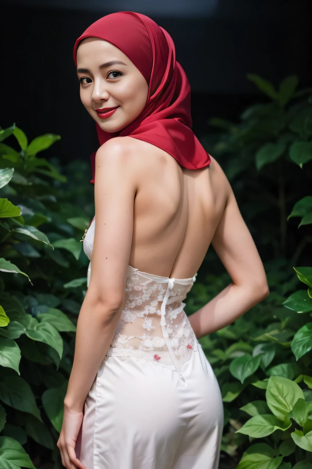 ((Flat chest:1.6)), (Happy smile), (((HIJAB MALAY GIRL))), masutepiece, High quality, UHD 32K, Realistic face, Realistic skin feeling , A Japanese Lady, 8 years old, , Very cute and baby-like face, (((FLAT CHEST))), (Night time at forest), ((look In front  at the camera and SADNESS)), ((())), (((CUTE GIRL))), ((RED LIPS)), ((Satin Floral Pattern)) little wearing satin strapless, strapless satin colorful, dark night horror scary place (from behind up) seductive pose