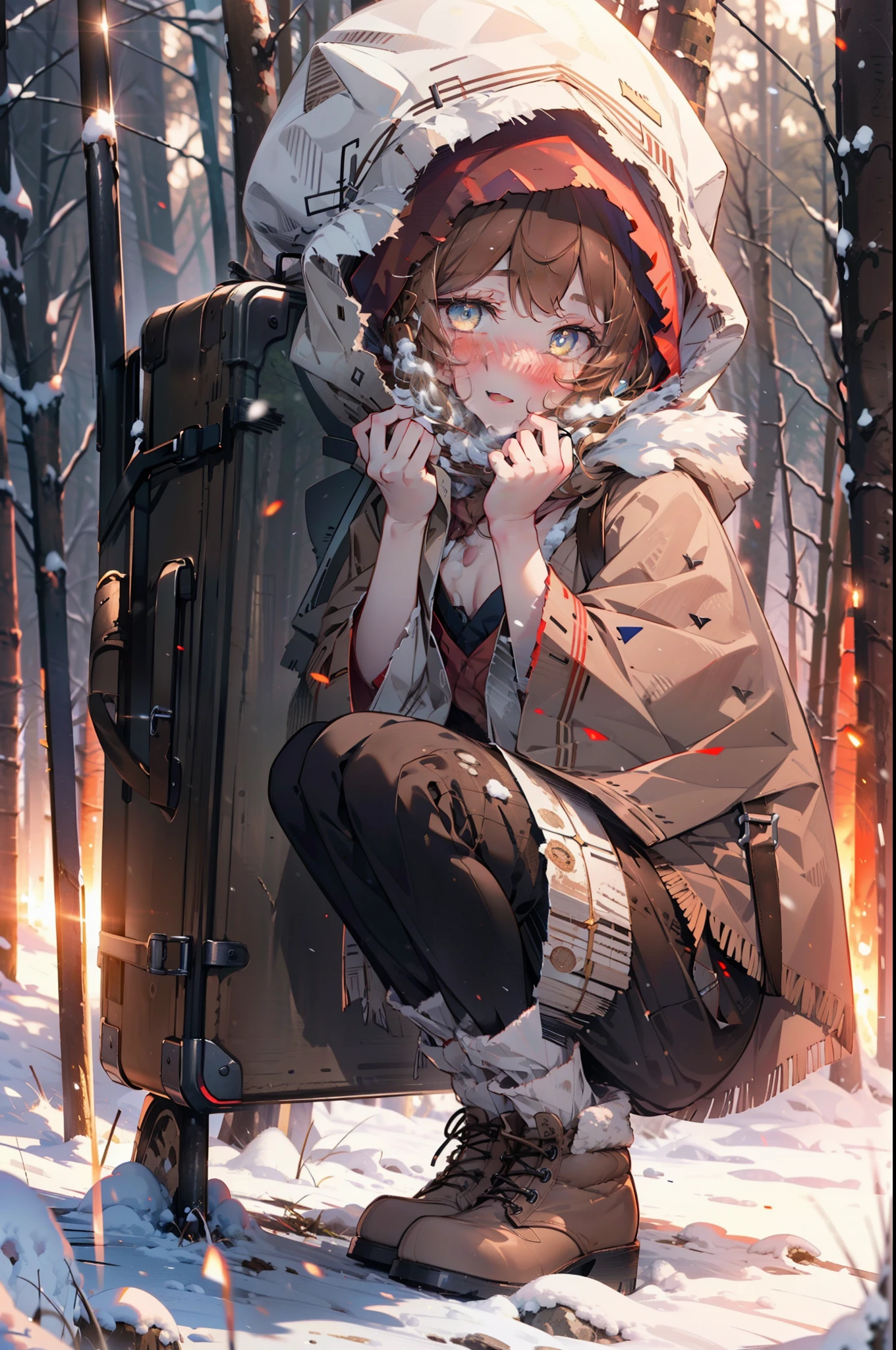 Lililukarde, Liliruka gets burned, Animal ears, (Brown eyes:1.7), Brown Hair, (Flat Chest:1.2), short hair,smile,blush,White Breath,
Open your mouth,snow,Ground bonfire, Outdoor, boots, snowing, From the side, wood, suitcase, Cape, Blurred, having meal, forest, White handbag, nature, Squat, Mouth closed, Cape, winter, Written boundary depth, Black shoes, red Cape break looking at viewer, Upper Body, whole body, break Outdoor, forest, nature, break (masterpiece:1.2), highest quality, High resolution, unity 8k wallpaper, (shape:0.8), (Beautiful and beautiful eyes:1.6), Highly detailed face, Perfect lighting, Extremely detailed CG, (Perfect hands, Perfect Anatomy),