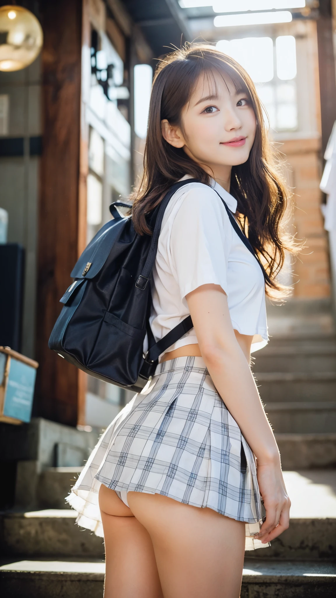 High school girl standing on the school stairs,Short sleeve white shirt,A very short navy blue checked miniskirt:1.2,18-year-old,bangs,A small smile,Thighs,knees,From below，Random Pause，pretty girl，Slender girl，White panties，Short-cut blonde，short side wave，Carrying a black backpack、The buttocks are often exposed、Her butt is half exposed、