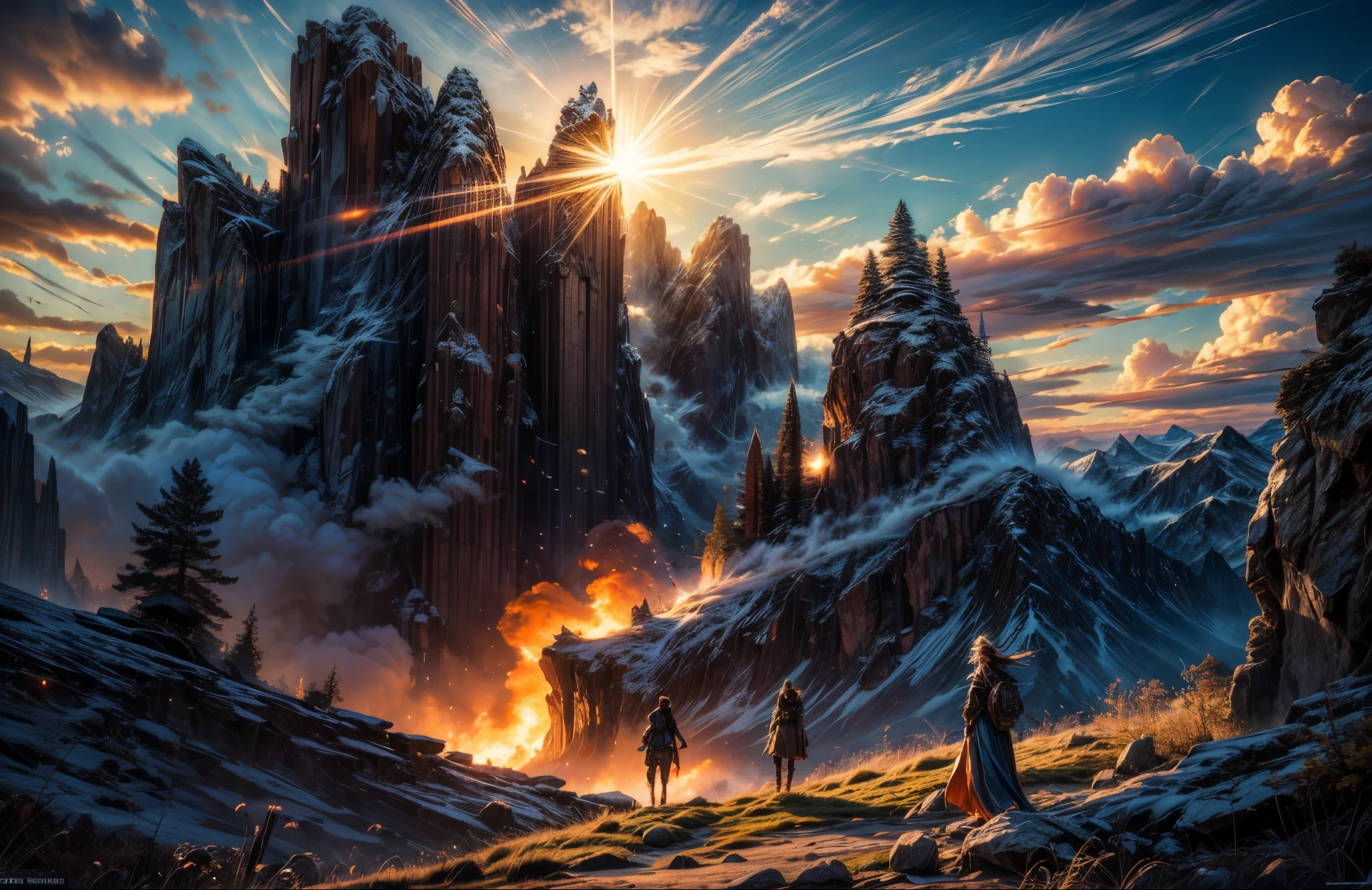 anime aestetics, fantasy landscape, mountain with even round hole, summer day, moment after explousion, shatterd stone, clear sky, epic moment, grassfield on the foreground, epic anime moment, bright sun, sun flickering, blue energy flowing in the air, dark-red smoke covering the mountain, wide shot, front view, 4k, masterpiece:1.4, best quality,4k,high resolution ultra detailed, retina