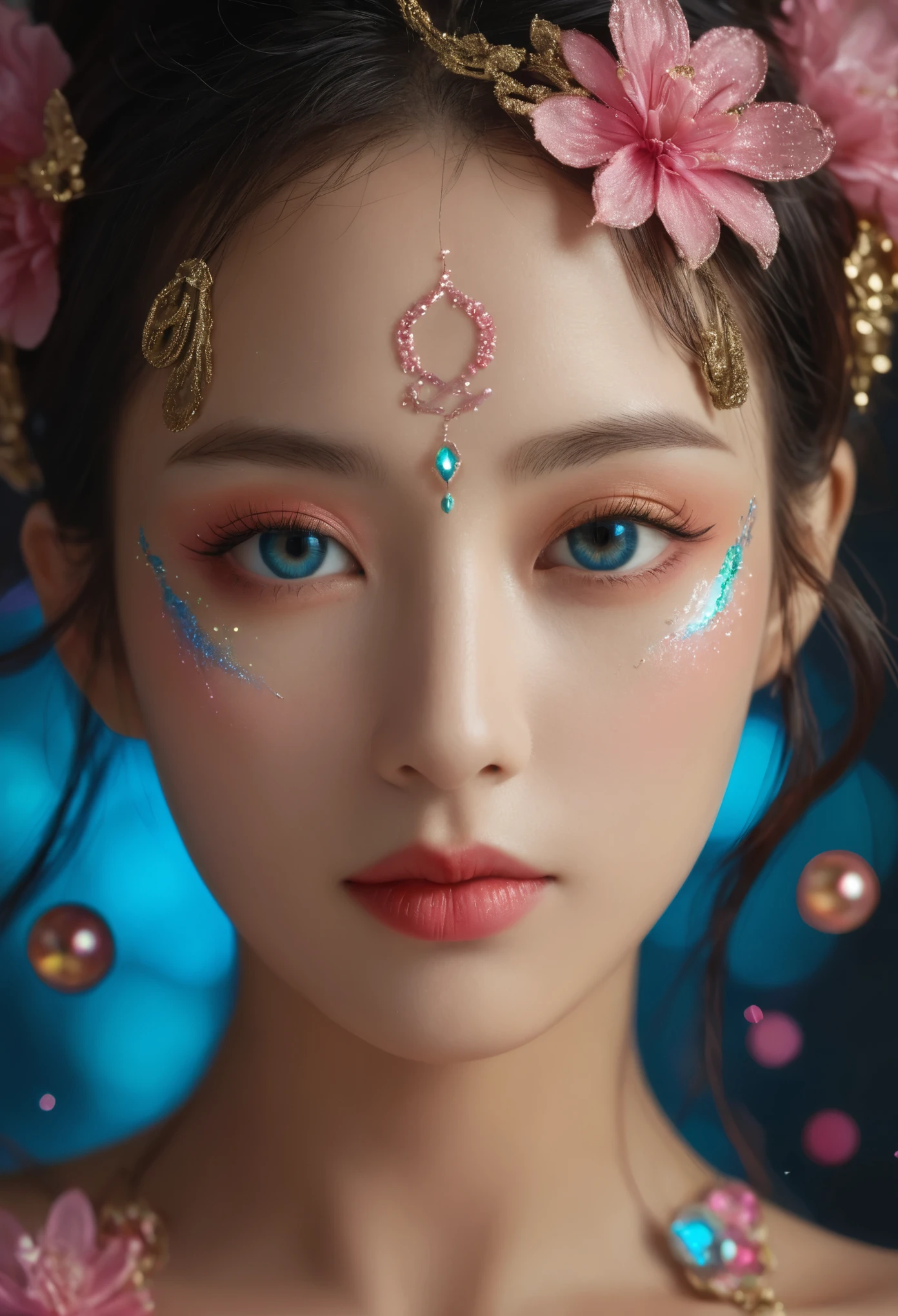 (8k, RAW photo, highest quality),hyperrealistic abstract style portrait of an otherworldly being with metallic skin,glowing orbs for eyes,and intricate fractal patterns emanating from their face,non-representational,colors and shapes,expression of feelings,imaginative,highly detailed,
(pink Fluorescent eyeshadow:1.2),eyeliner,makeup,lipstick,watery eyes,(Mole under eye:1.2),(seductive_smile:1.2),
XURE Dunhuang Flying XL,1girl,
