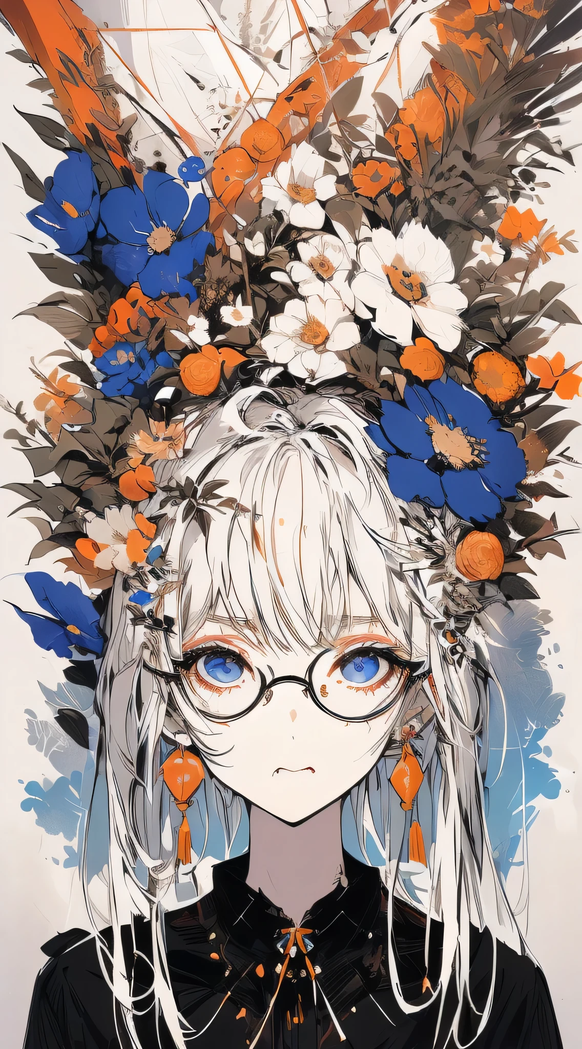 , (masterpiece:1.2), highest quality,The middle of a journey,
alone, Tinted Glasses, jewelry, hair ornaments, View your audience, Black background, One Girl, short hair, blue eyes, Earrings, Simple Background, flower, Upper Body, hair flower, orange-Tinted Glasses, (Finely drawn 美しい eyes: 1.2), (美しい and detailed face), (Best lighting, Very delicate and 美しい),, Jacket, Mouth closed, Flower pattern print, bangs, blonde, Gray Hair, Compensate, Round Glasses, Earrings