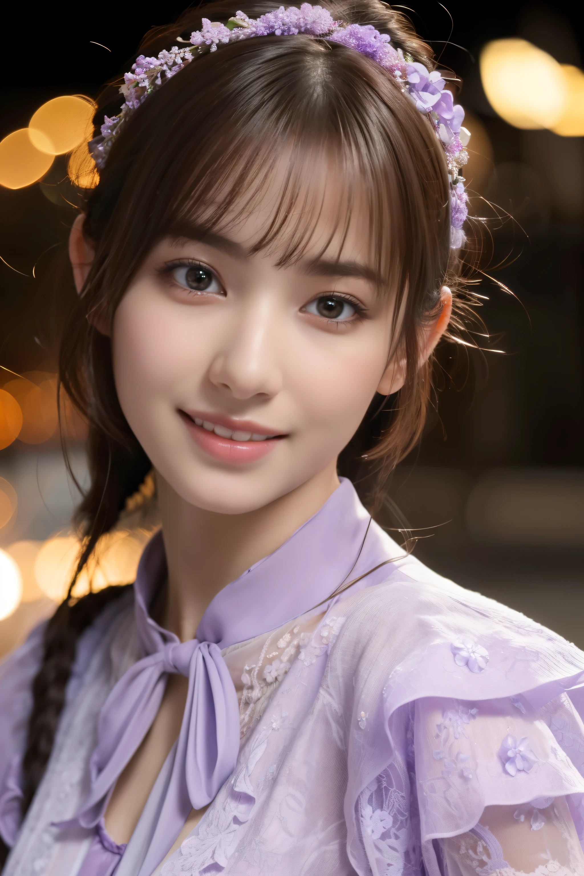 1girl in,(Wearing a lilac blouse:1.2),(Raw photo, Best Quality), (Realistic, Photorealsitic:1.4), masutepiece, extremely delicate and beautiful, Extremely detailed, 2k wallpaper, amazing, finely detail, the Extremely Detailed CG Unity 8K Wallpapers, Ultra-detailed, hight resolution, Soft light, Beautiful detailed girl, extremely detailed eye and face, beautiful detailed nose, Beautiful detailed eyes,Cinematic lighting,city light at night,Perfect Anatomy,Slender body,Smiling