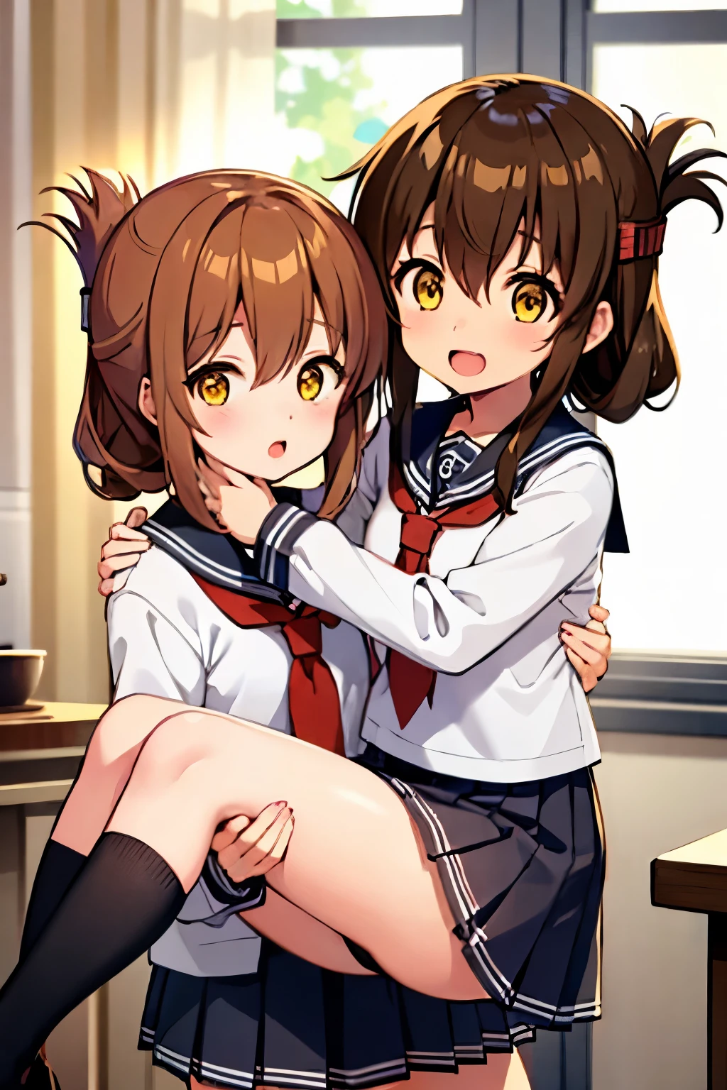 long hair, looking at viewer, blush, smile, open mouth, multiple girls, skirt, brown hair, shirt, long sleeves, 2girls, hair between eyes, brown eyes, , yellow eyes, white shirt, pleated skirt, serafuku, socks, indoors, black skirt, sailor collar, neckerchief, pillow, kneehighs, window, curtains, black socks, carrying, red neckerchief, black sailor collar, folded ponytail, anchor symbol, princess carry, inazuma \(kancolle\),