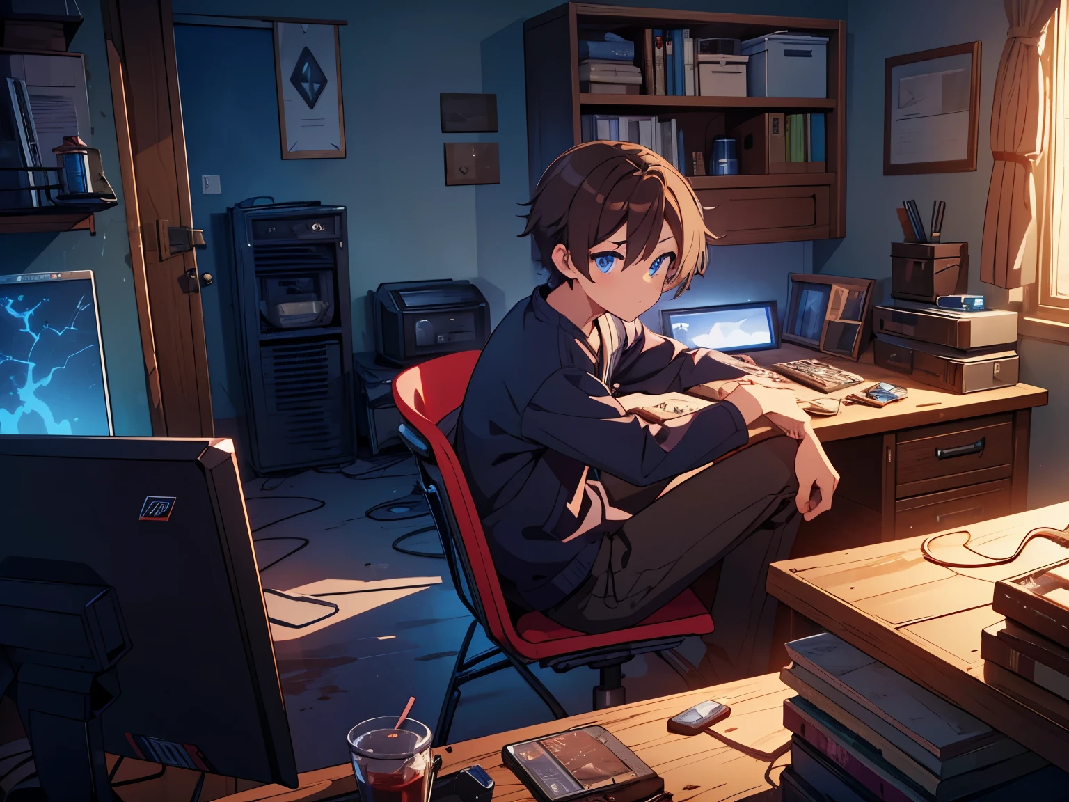 young man playing a videogame on a PC in a dirty room, brown hair, blue eyes, bored expression, dark athomsphere, at night, very chaotic room, very dirty room