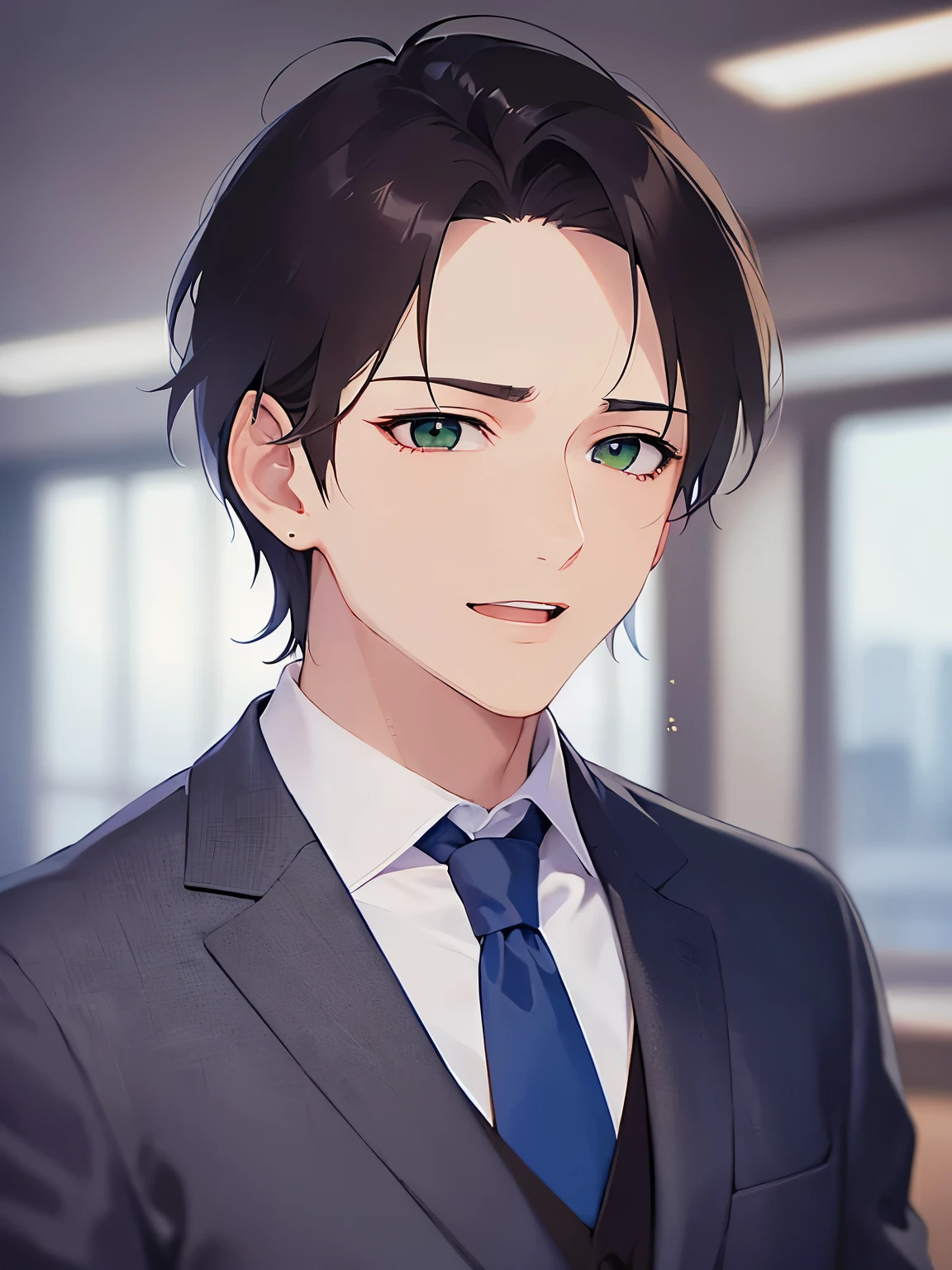 upper body、shiny skin, masterpiece、highest quality、(25-year-old male:1.5) and (Brown short hair) and (Green Eyes), (Wearing a suit) and (Blue tie)、(sad:1.3)、smile, open mouth, Background is an office room、(Alone:1.5)
