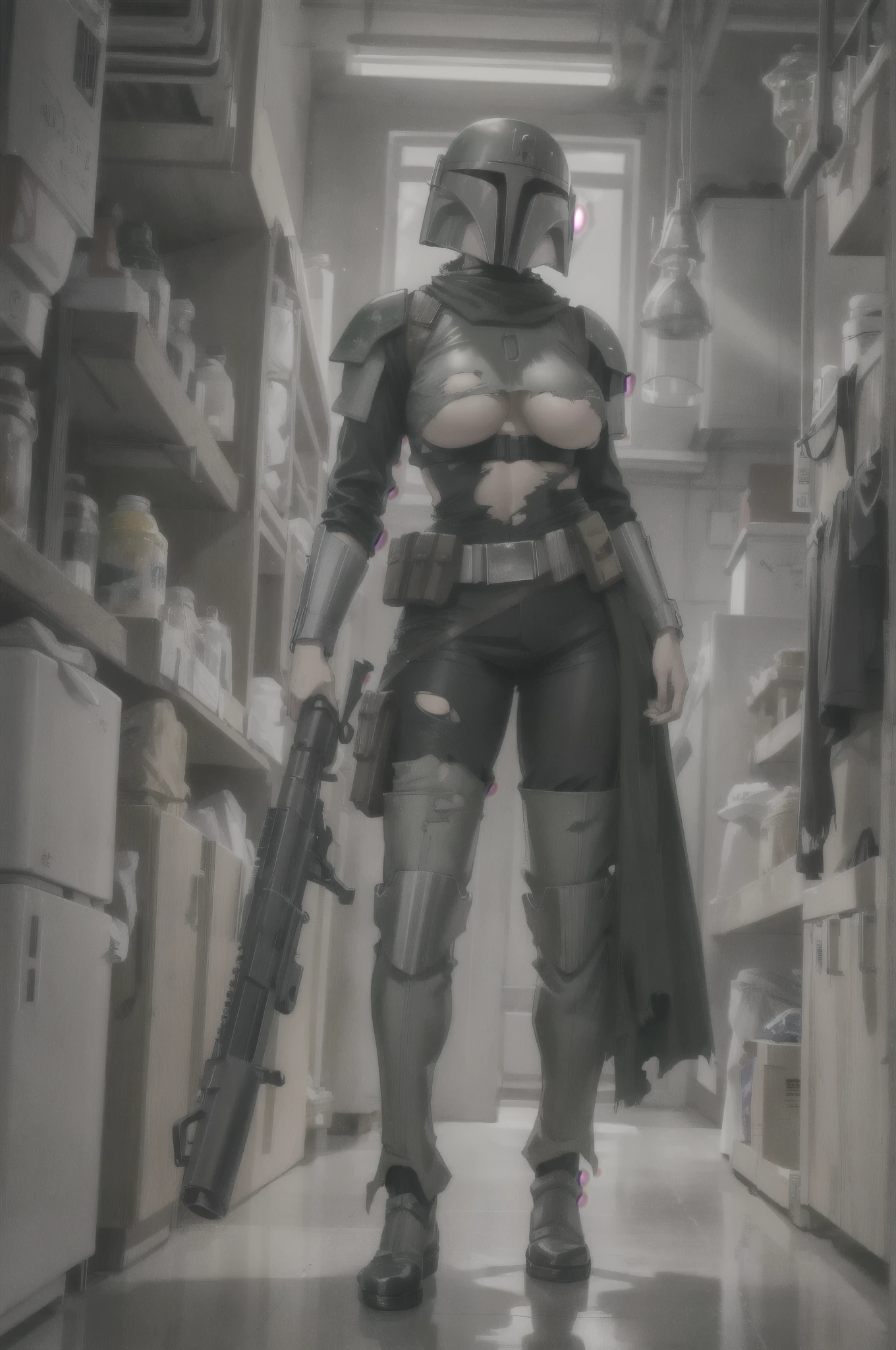 best quality,masterpiece,highres,original,extremely detailed wallpaper,perfect lighting,extremely detailed CG,standing,
Boba armor, (female), medium tits, (boba fett mask),boba fett weapon in hand, full body, bigger tits, weapons , (((guns in hand!))), (((big breast))), ((underboob)), (((torn clothes)))