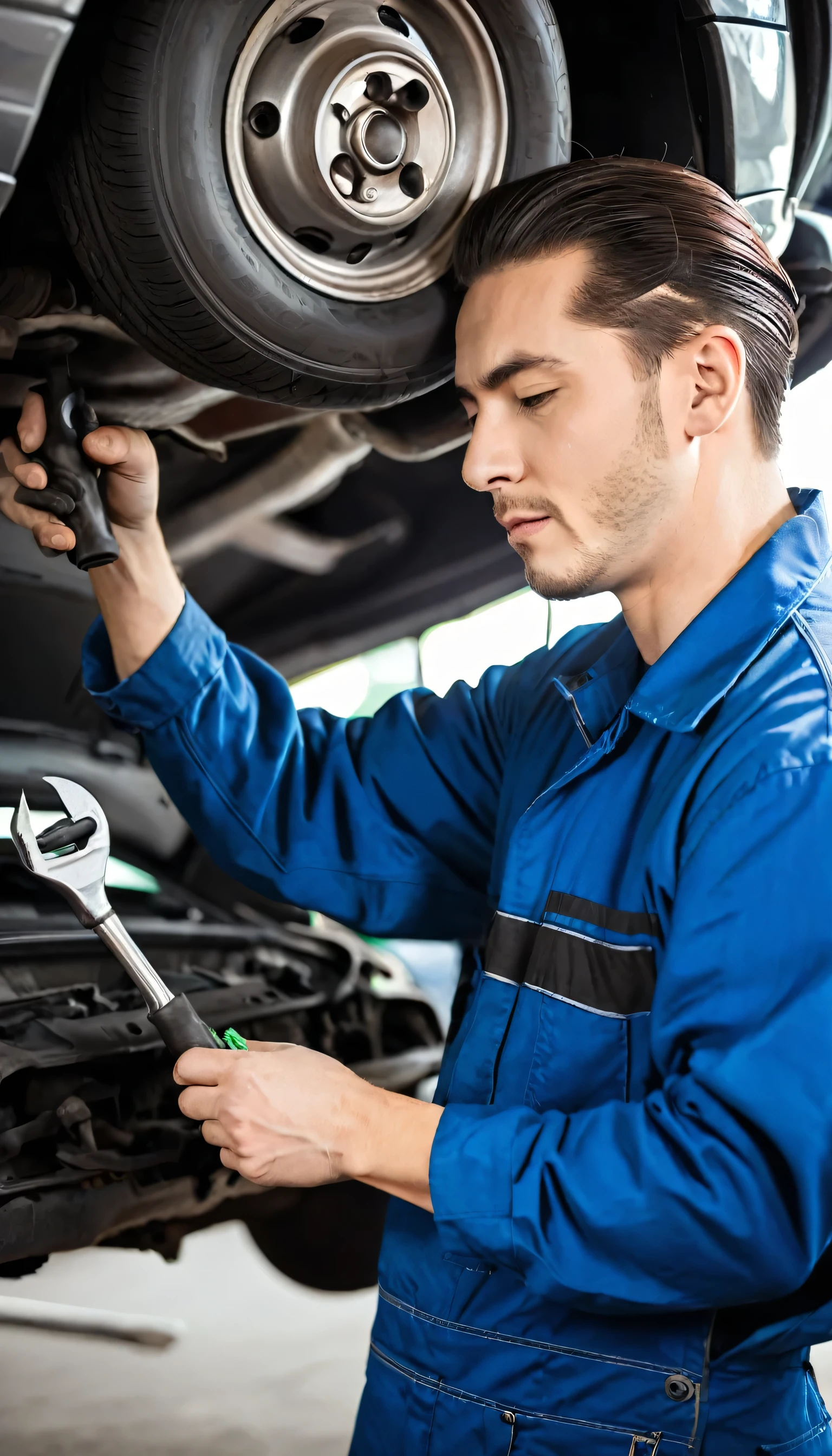 an professional male mechanic, repairing a car while holding a wrench 