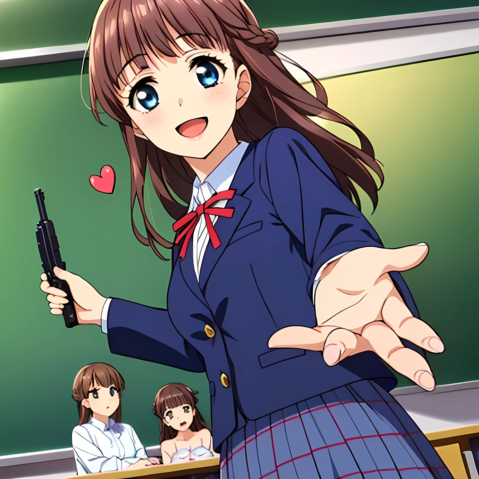 highest quality, (masterpiece:1.2), Very detailed, Game CG, (((Very beautiful girl in school uniform1A fashion model is drawing a heart symbol on a blackboard while looking at the board))), ((The girl everyone loves)), (((Brown and very shiny short bob hair))), (((Navy blue blazer))), ((Dark navy blue checked long skirt)), ((((Very beautiful and shining eyes)))), ((Very long eyelashes)), A large crimson ribbon on the chest, ((An elegant expression like a noble princess)), (((A beautiful and enchanting smile))), Small face and great posture, ((Heavenly happiness)), (((Blur the background))), ((Very intelligent face)), ((Anime heroine smiling and open mouth)), ((Shooting from the side))
