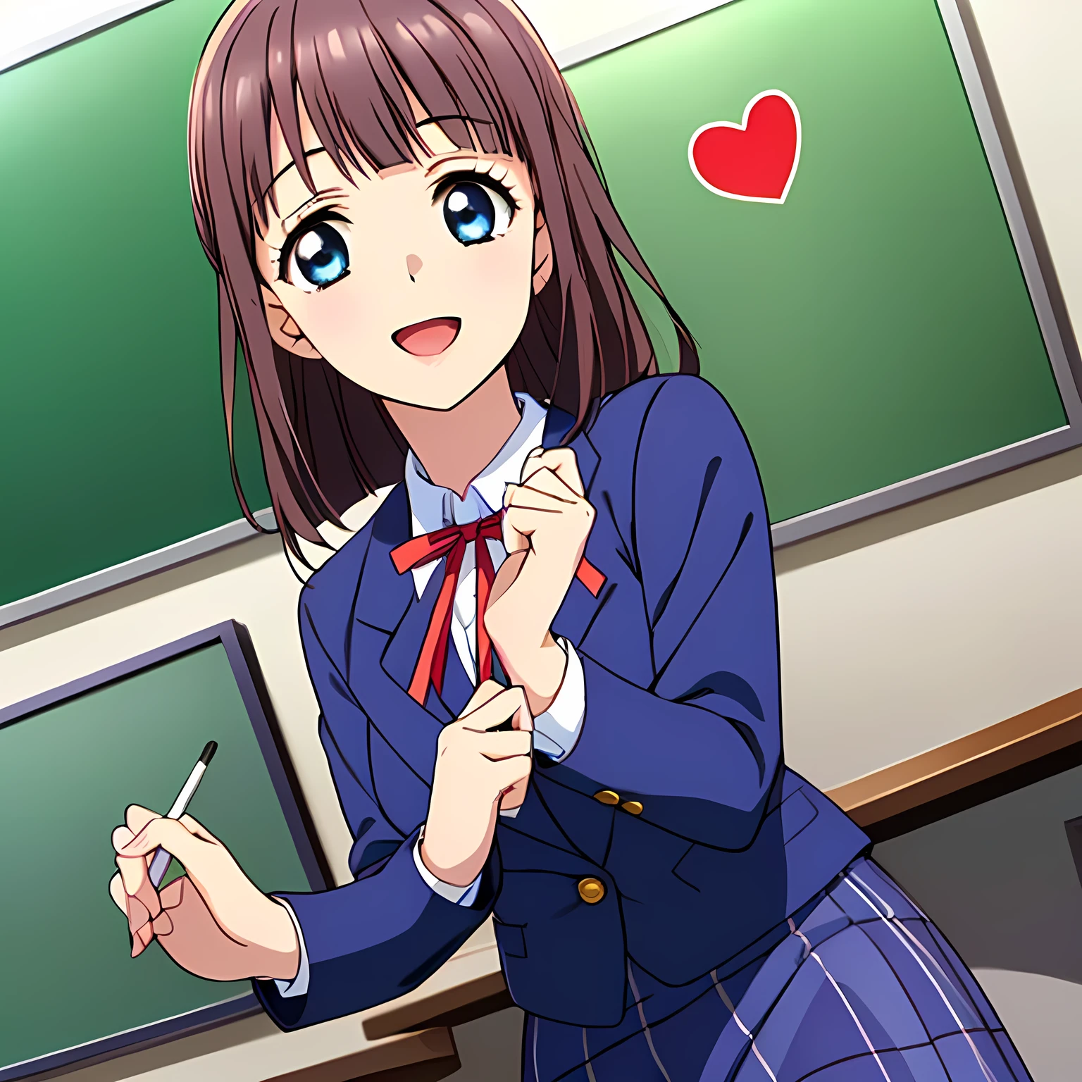 highest quality, (masterpiece:1.2), Very detailed, Game CG, (((Very beautiful girl in school uniform1A fashion model is drawing a heart symbol on a blackboard while looking at the board))), ((The girl everyone loves)), (((Brown and very shiny short bob hair))), (((Navy blue blazer))), ((Dark navy blue checked long skirt)), ((((Very beautiful and shining eyes)))), ((Very long eyelashes)), A large crimson ribbon on the chest, ((An elegant expression like a noble princess)), (((A beautiful and enchanting smile))), Small face and great posture, ((Heavenly happiness)), (((Blur the background))), ((Very intelligent face)), ((Anime heroine smiling and open mouth)), ((Shooting from the side))