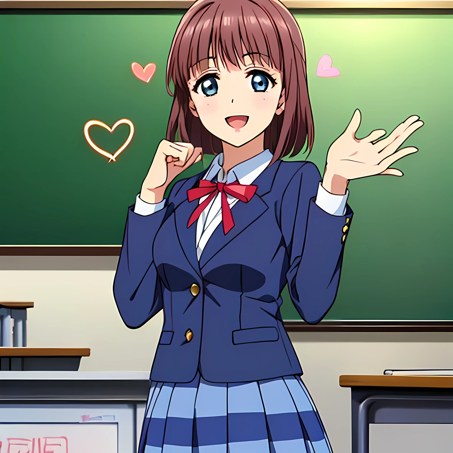 highest quality, (masterpiece:1.2), Very detailed, Game CG, (((Very beautiful girl in school uniform１A fashion model is drawing a heart symbol on a blackboard while looking at the board))), ((The girl everyone loves)), (((Brown and very shiny short bob hair))), (((Navy blue blazer))), ((Dark navy blue checked long skirt)), ((((Very beautiful and shining eyes)))), ((Very long eyelashes)), A large crimson ribbon on the chest, ((An elegant expression like a noble princess)), (((A beautiful and enchanting smile))), Small face and great posture, ((Heavenly happiness)), (((Blur the background))), ((Very intelligent face)), ((Anime heroine smiling and open mouth)), ((Shooting from the side))