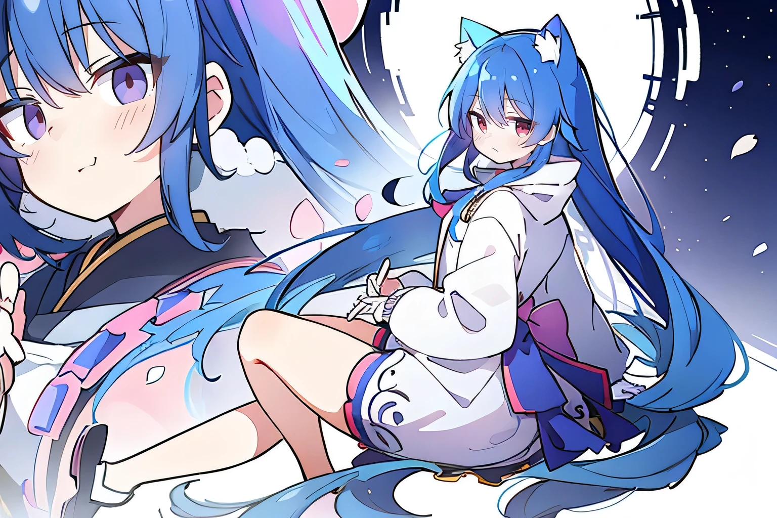 (masterpiece:1.2),Super detailed,lifelike,Expressive eyes,fair skin,perfect face shape,1 girl,
Japanese comics,Gorgeous blue hair,flowing blue hair,flowing clothes,Cat ears,Petals fall,beautiful lola,Baby Angel,
Shaking head with one hand,Cross your legs,Gentle and peaceful background,The pavilion is cool and comfortable,smile, wearing hoodie, background of tokyo,back views,snowing, winter.