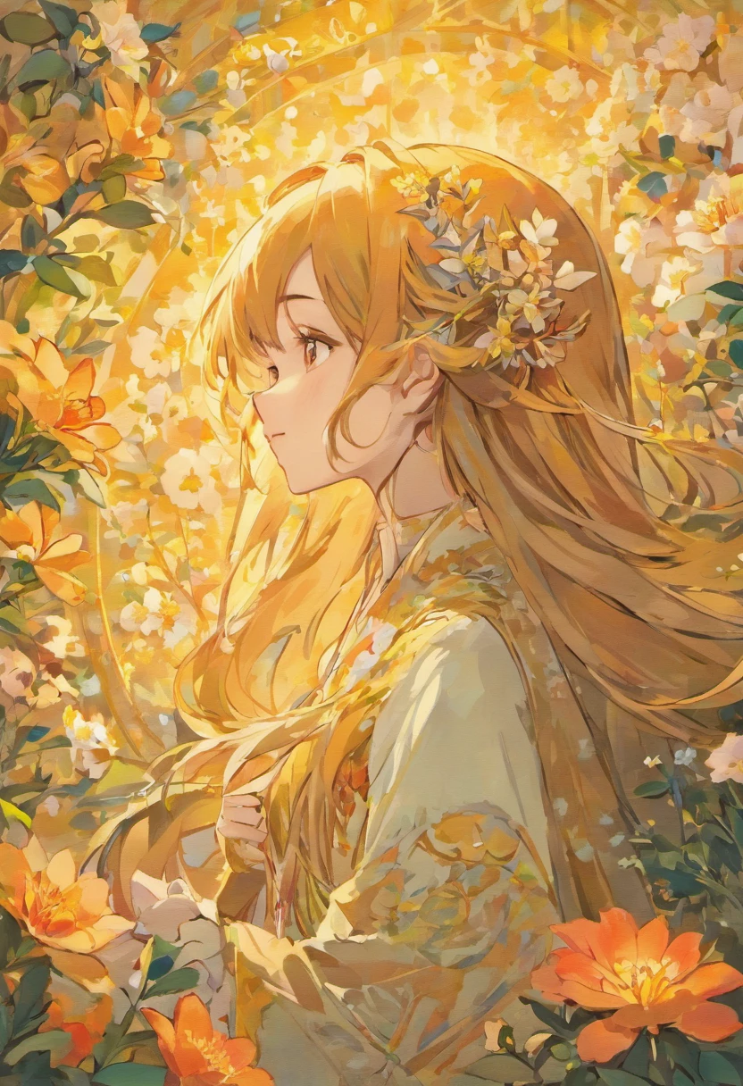 Art Nouveau girl in profile surrounded by flowers and long hair, As well as her Asian slanted eyes and long eyelashes.、smile、Smiling、Scattering small orange flowers