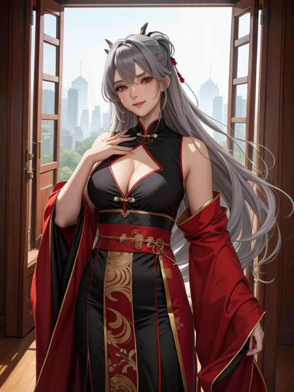 masterpiece, highest quality, One girl, alone, Long Hair, View your viewers, smile, bangs, hair ornaments, Red eyes, Long sleeve, dress, Are standing, clavicle, Gray Hair, Grey Hair, Alternative costume, Wide sleeves, wood, Chinese clothing, hairpin, Hanfu, Ningguang City (Genshin Impact), Ningguang City,