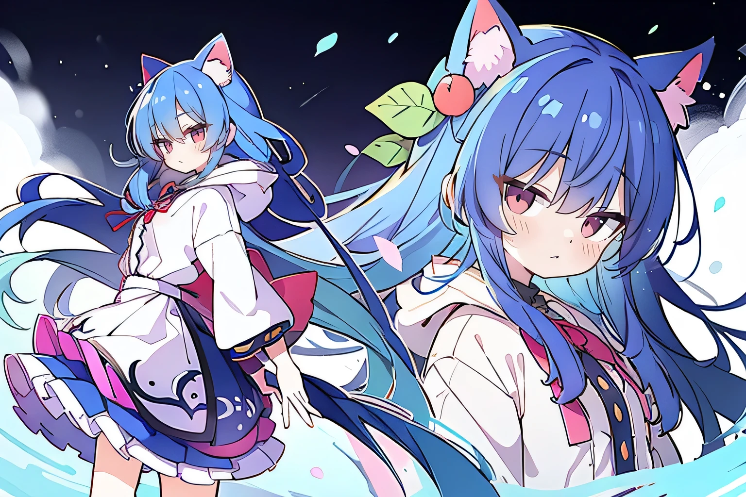 (masterpiece:1.2),Super detailed,lifelike,Expressive eyes,fair skin,perfect face shape,1 girl,
Japanese comics,Gorgeous blue hair,flowing blue hair,flowing clothes,Cat ears,Petals fall,beautiful lola,Baby Angel,
Shaking head with one hand,Cross your legs,Gentle and peaceful background,The pavilion is cool and comfortable,smile, wearing hoodie, background of tokyo,back views,snowing, winter.