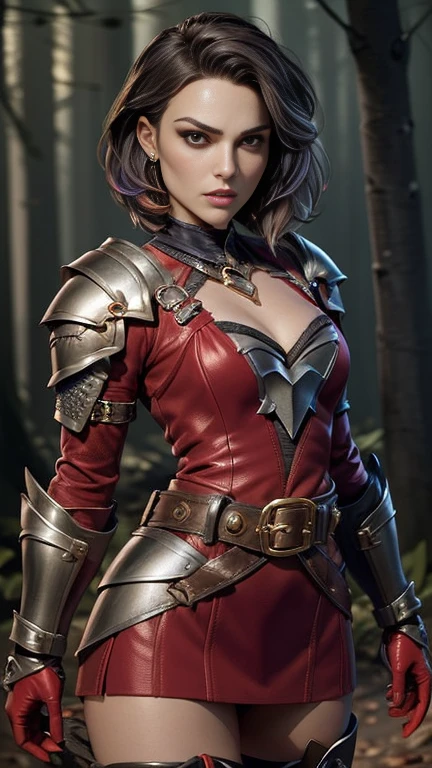 photo of celebrity, RAW, beautiful woman, ((portrait)), ((detailed face, colorful rainbow hair:1.2)), ((detailed facial feature, detailed skin, clear skin, parted lips), (perfect proportioned body, medium breasts), ((wearing armor, red dress, belt, gauntlets, gloves, armored boots: 1.5)), (high detailed dark forest: 1.3), (realistic photo, best quality, detailed), (8k wallpaper), (cinematic lighting, dramatic lighting) (sharp focus, intricate)