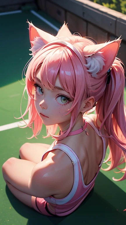 (high resolution, upper body, soft skin:1.2),(best illustration,masterpiece:1.2),ultra-detailed,[(cat ears ,pink inside:1.2),vivid colors,sharp focus,portrait,studio lighting,bokeh, wearing a tennis uniform, tennis courts background, dusk, full body portrait, kneeling, back turned, from above 