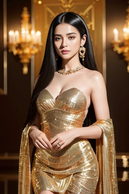 black hair, Surrealism, 8k, super detail, UHD, masterpiece, curate, anatomically correct, textured skin, super detail, high details, high quality, best quality, 8k,Beautiful woman,(golden dress:1.5),Glittering costumes,Persian Princess,shangrila hotel, facial mix of rob guinto,