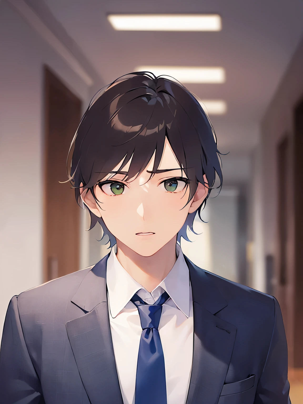 (looking away:1.5), upper body、shiny skin, masterpiece、highest quality、(25-year-old male:1.5) and (Brown short hair) and (Green Eyes), (Wearing a suit) and (Blue tie)、(sad:1.3), open mouth, Background is an office room、(Alone:1.5)