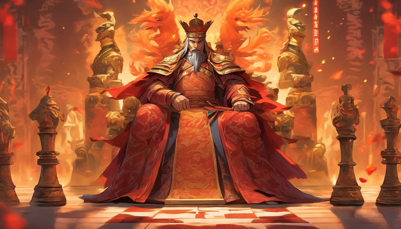Chinese chess piece, SOVEREIGN, THRONE, MONARCH, contest, steed, game atmosphere, ancient wars, confrontation, digital illustration, poster illustration, , digital illustrations, Chinese style painting, exciting illustration, LEGEND