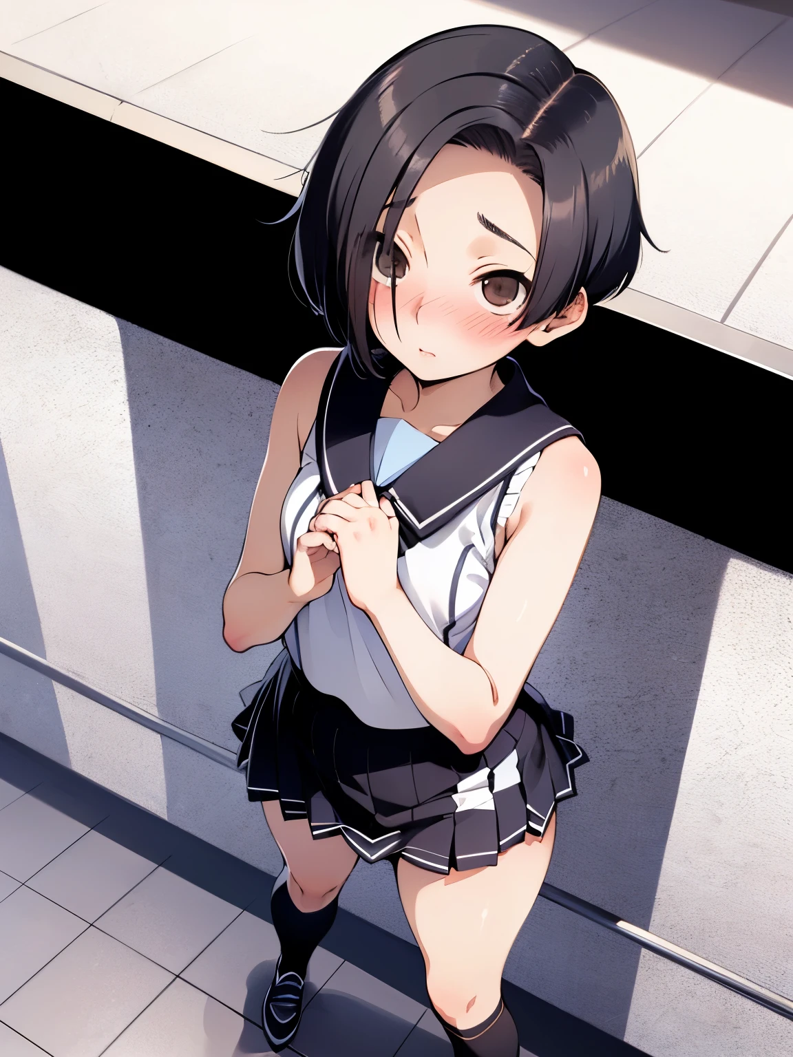 NSFW,Aarinko、short hair、Black Hair、Bobcut,Cropped sweater,Sleeveless,(Checkered micro mini skirt:1.3),Knee-high socks,High-quality lingerie,Embarrassed,blush,(Perfect hands),(Perfect Anatomy),(masterpiece),(highest quality),Looking up,Lonely look,Shopping mall,Skirt Lift