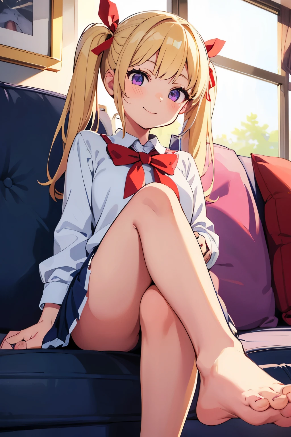 Junior high school girl　　A Cup　Gal　Blonde　Long twin tails　Red ribbon at twin tails　Purple eyes　smile　1 person　White blouse　Navy blue tie　Navy blue mini skirt　White with light blue horizontal stripes　barefoot　Sitting on the sofa　Dynamic Angle　Low Angle