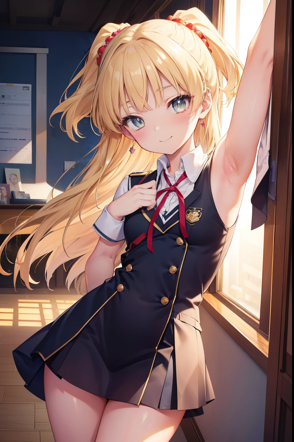 Rika Jogasaki、blush,smile,、Blonde、In uniform、Wearing a cute uniform、Primary school students、The back is very small、****ta、Small breasts、Showing armpits、exterior: ************、Shoulder Bare、The clavicle is visible、Sexy thighs、Beautiful feet、Usual hairstyle、Show me your armpits:1.2), highest quality, High resolution, unity 8k wallpaper, (shape:0.8), (Beautiful and beautiful eyes:1.6), Highly detailed face, Perfect lighting, Extremely detailed CG, (Perfect hands, Perfect Anatomy),